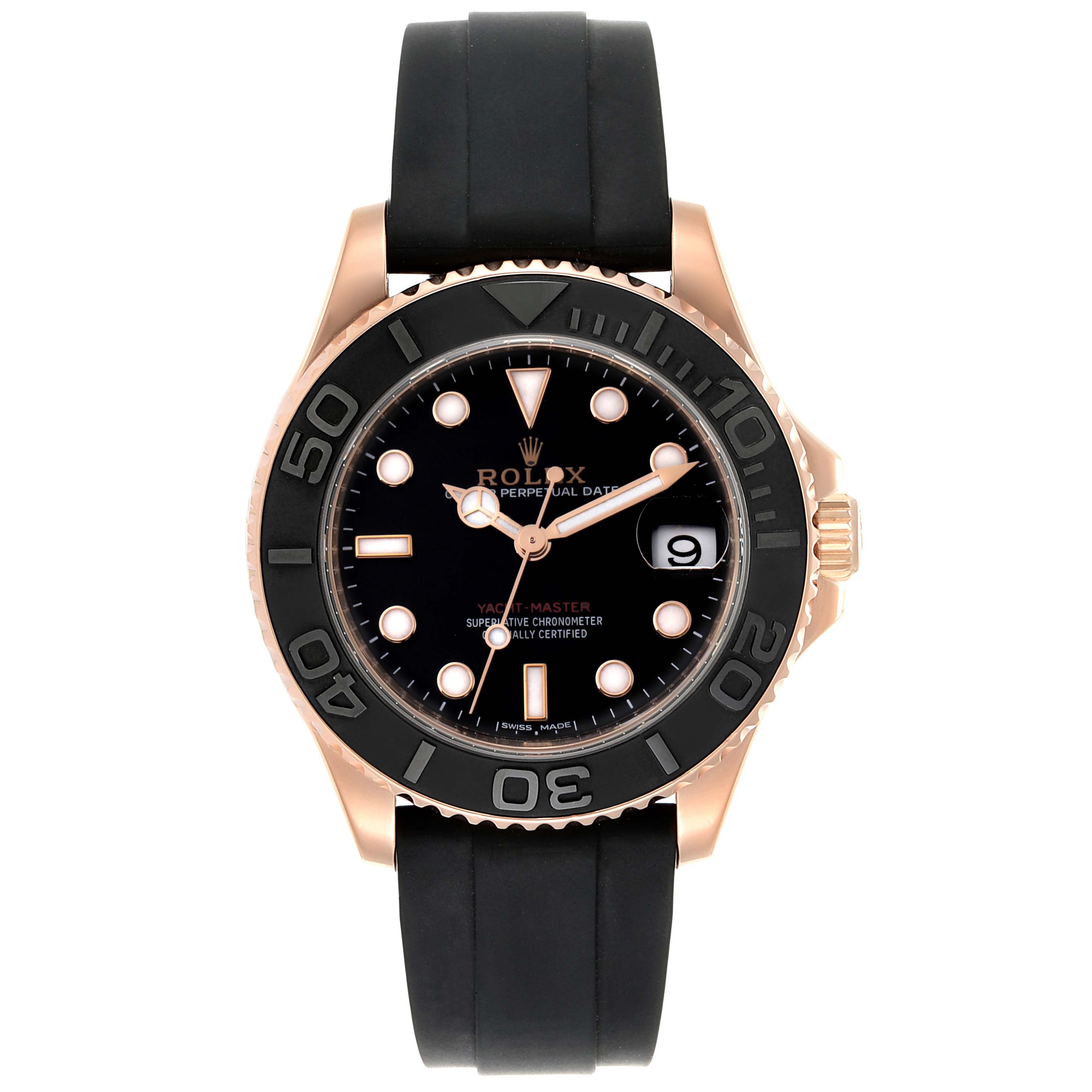 The Rolex Yacht-Master 268655 Men's Rose Gold Black Dial 268655 Men's Rose Gold Black Dial watch is shown from the front, displaying its face, bezel, crown, and rubber strap.