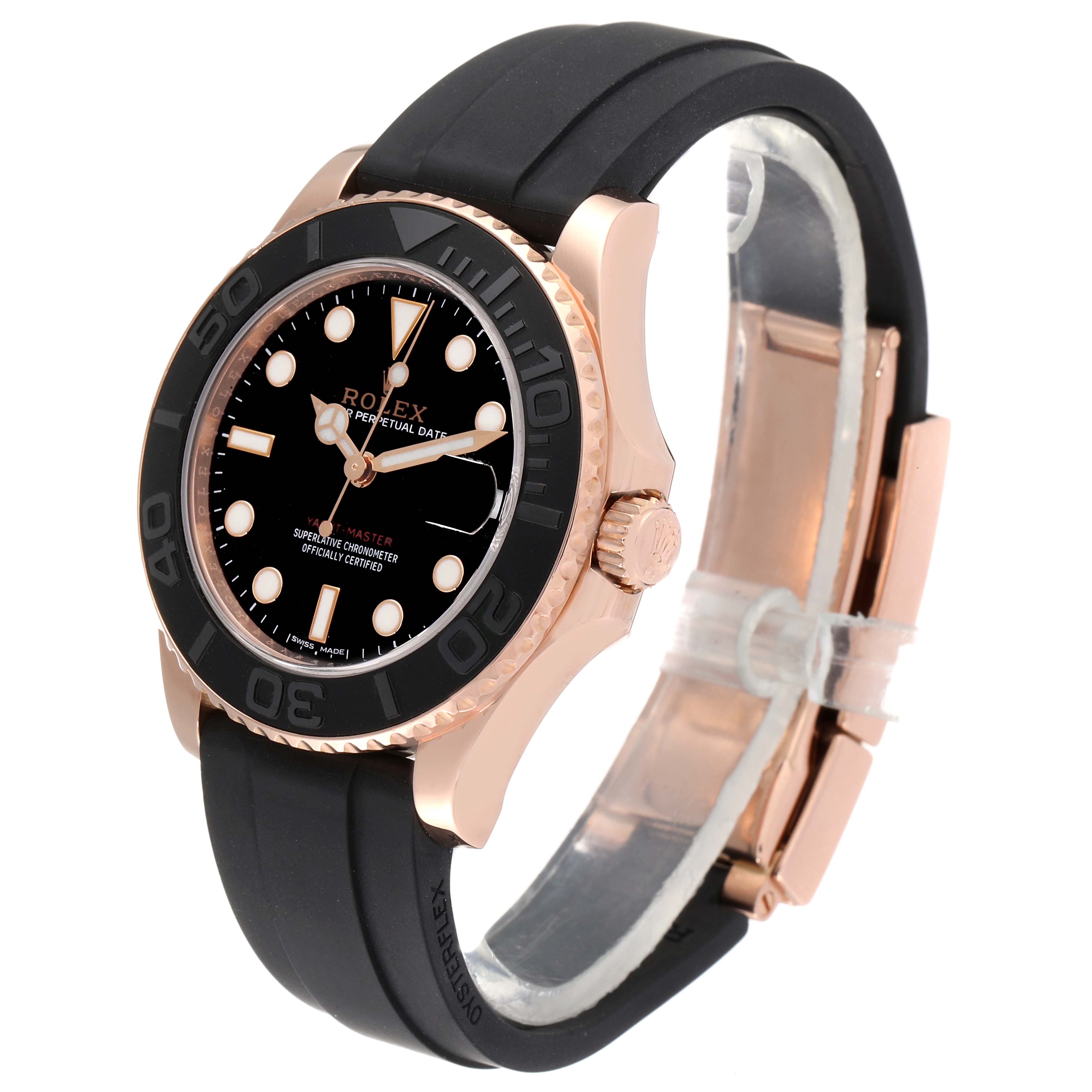 The Rolex Yacht-Master 268655 Men's Rose Gold Black Dial 268655 Men's Rose Gold Black Dial watch is shown at a three-quarter angle, displaying the dial, bezel, case, and strap.