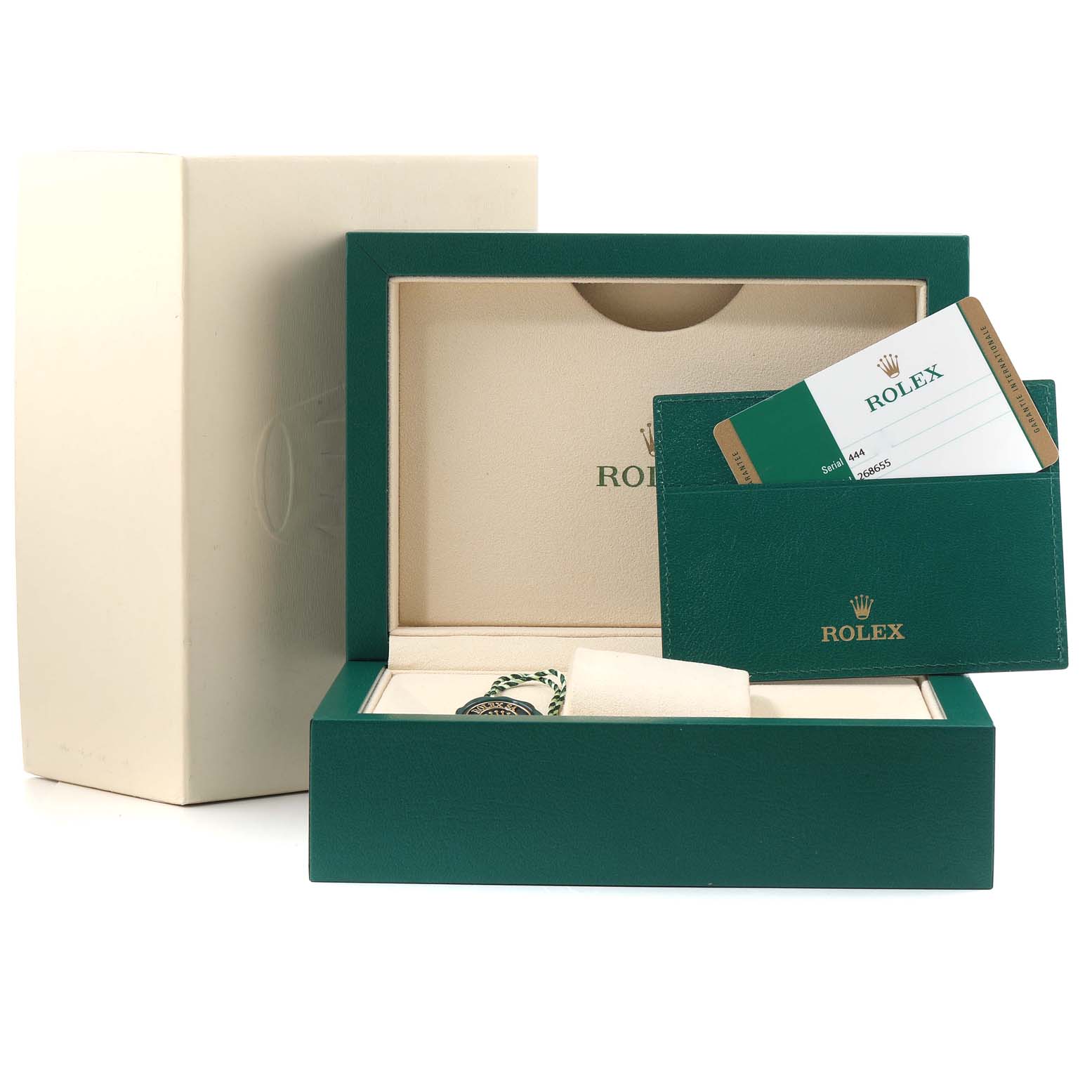 The image shows a Rolex Yacht-Master 268655 Men's Rose Gold Black Dial 268655 Men's Rose Gold Black Dial watch box, guarantee cardholder, and outer packaging.