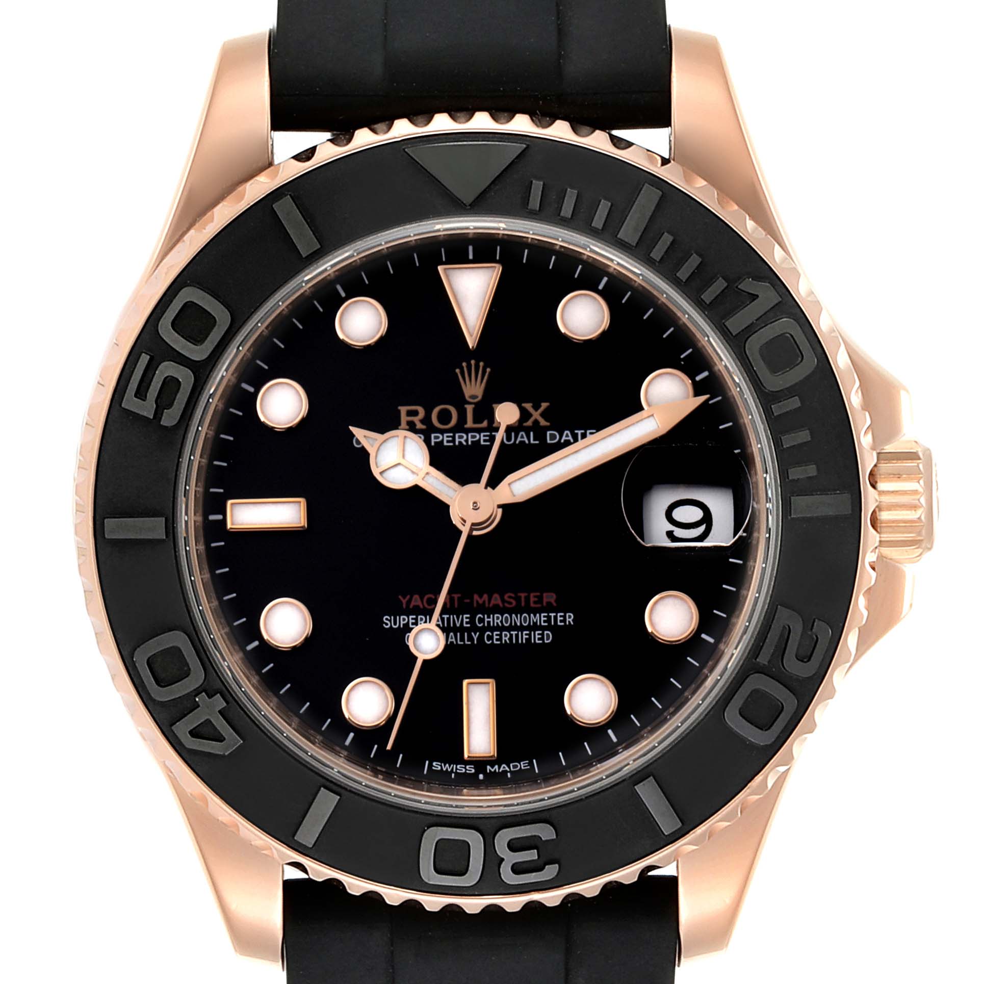 This image shows a full frontal view of the Rolex Yacht-Master 268655 Men's Rose Gold Black Dial 268655 Men's Rose Gold Black Dial watch, highlighting the dial, bezel, and part of the strap.