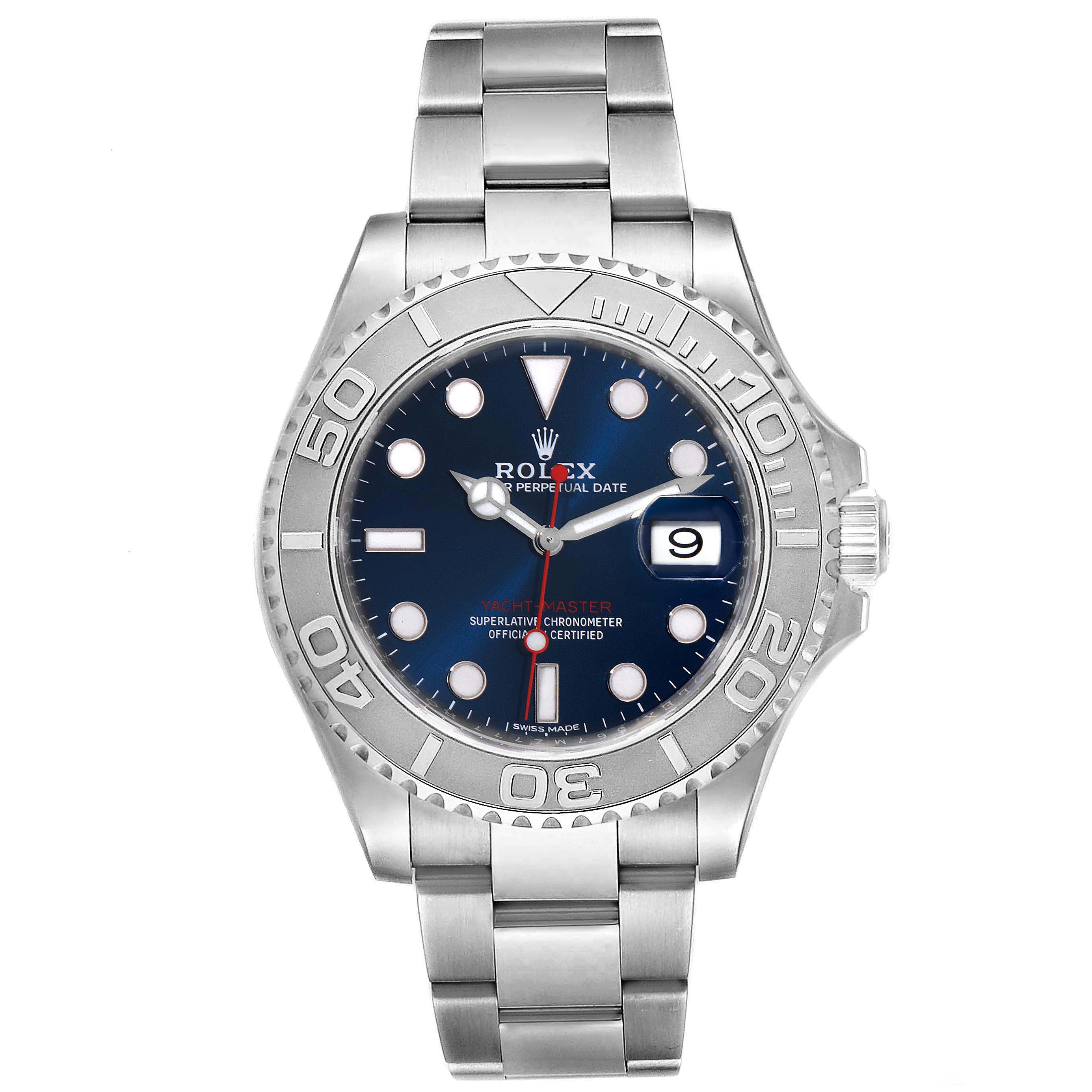 The Rolex Yacht-Master 116622 Men
s Stainless Steel Blue Dial 116622 Men
s Stainless Steel Blue Dial watch is shown from a front angle, highlighting the face, bezel, and bracelet.