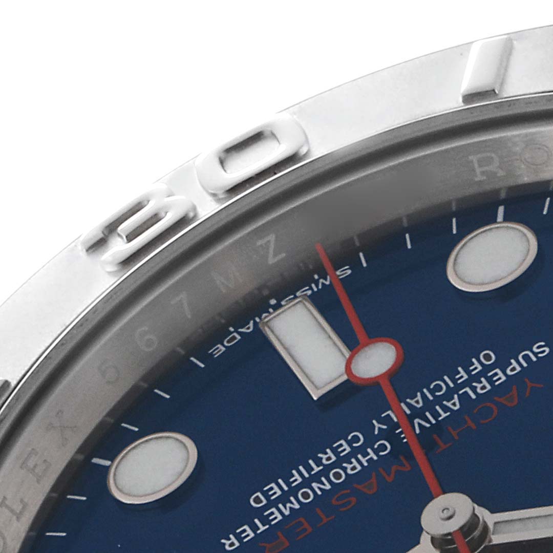 The image shows a close-up angle of the dial and part of the bezel of the Rolex Yacht-Master 116622 Men
s Stainless Steel Blue Dial 116622 Men
s Stainless Steel Blue Dial watch.