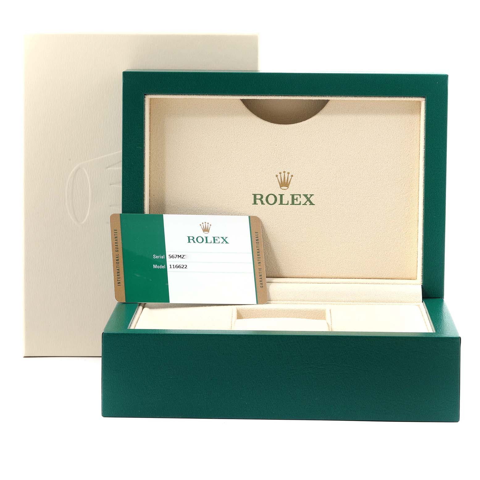 The image shows a Rolex Yacht-Master 116622 Men
s Stainless Steel Blue Dial 116622 Men
s Stainless Steel Blue Dial watch box, outer box, and warranty card with model information.