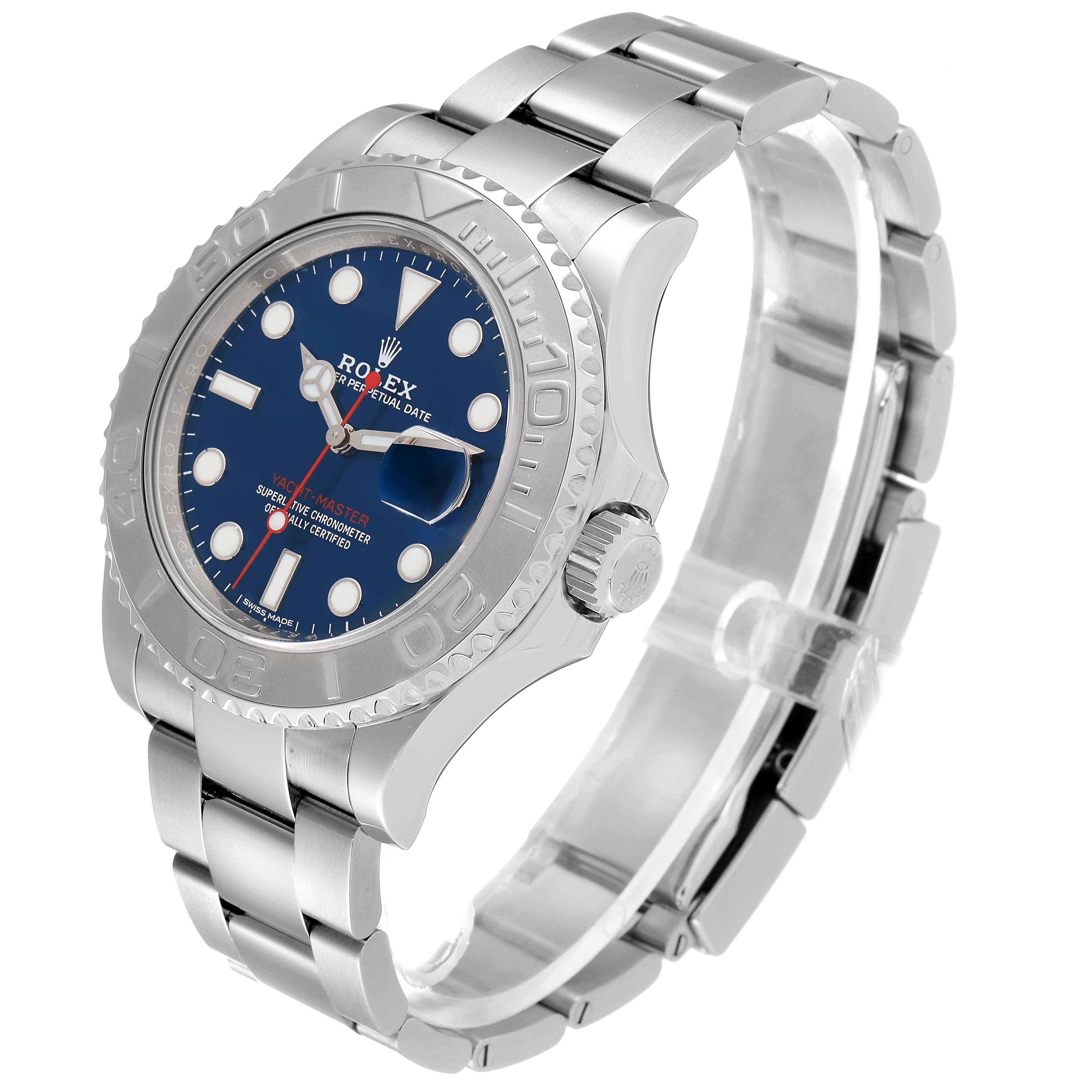 The image shows a Rolex Yacht-Master 116622 Men
s Stainless Steel Blue Dial 116622 Men
s Stainless Steel Blue Dial watch at a three-quarter angle, highlighting the face, bezel, crown, and bracelet.