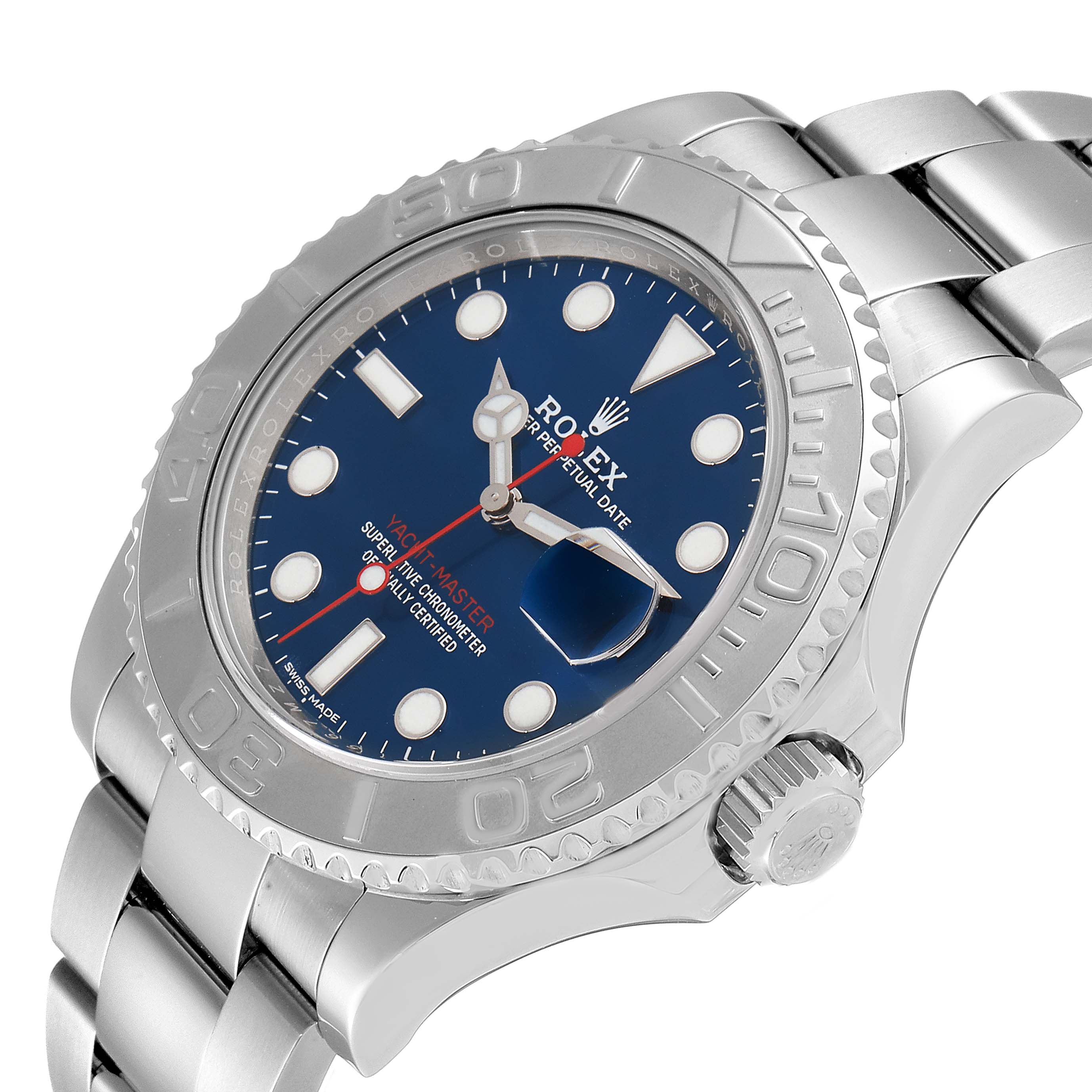 The image shows a Rolex Yacht-Master 116622 Men
s Stainless Steel Blue Dial 116622 Men
s Stainless Steel Blue Dial watch at a slight angle, highlighting the bezel, crown, and part of the bracelet.