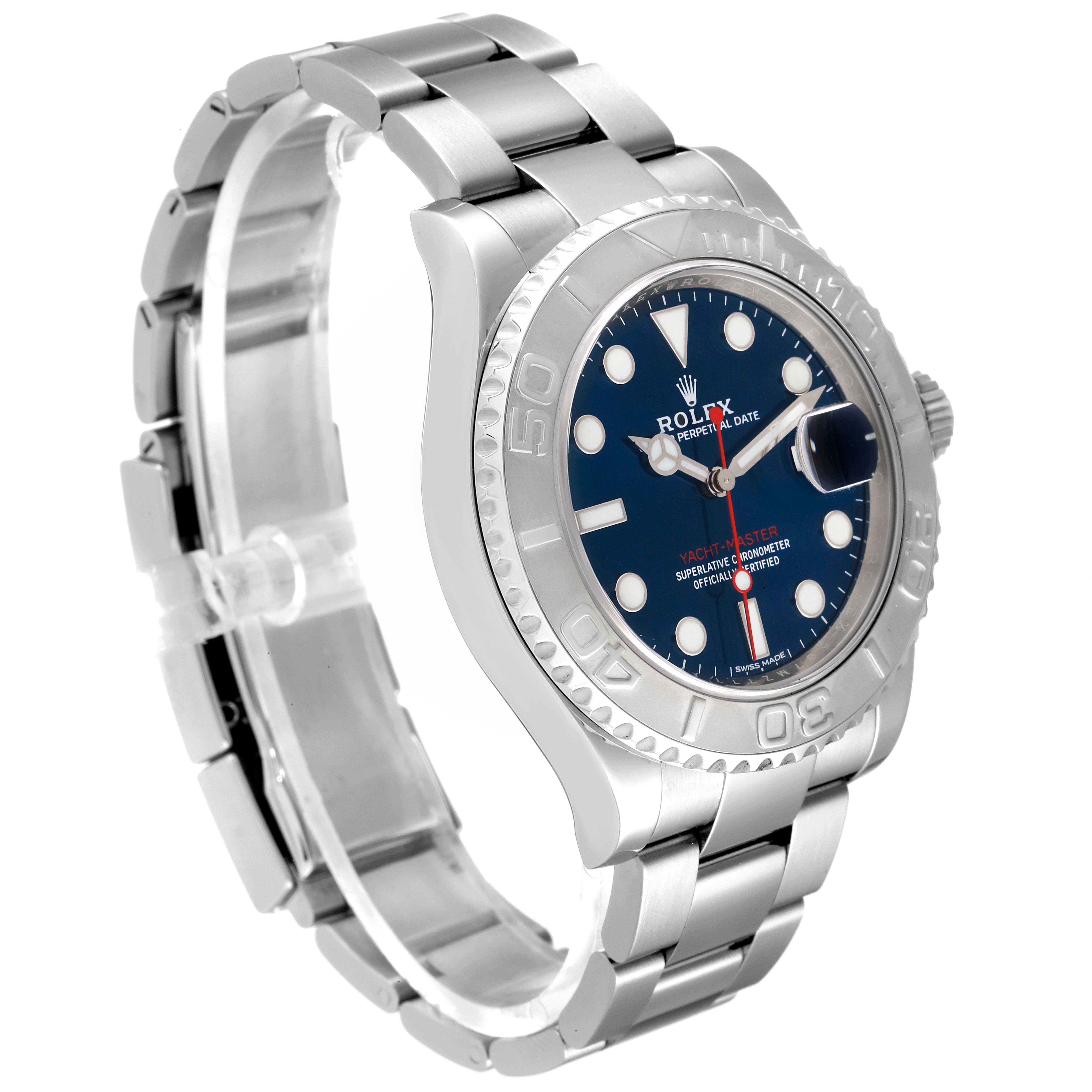 The image shows a side angle view of the Rolex Yacht-Master 116622 Men
s Stainless Steel Blue Dial 116622 Men
s Stainless Steel Blue Dial watch, highlighting its face, bezel, and bracelet.