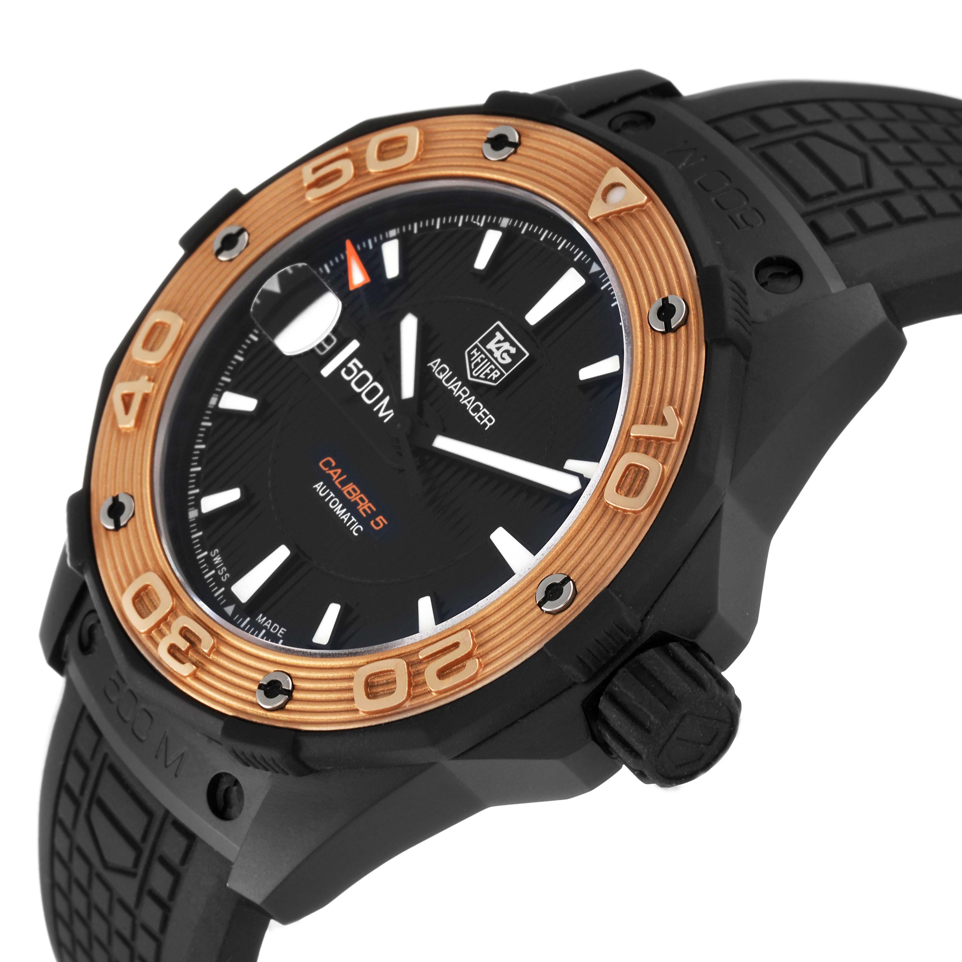 The image shows a Tag Heuer Aquaracer WAJ2182 Men
s Titanium Black Dial WAJ2182 Men
s Titanium Black Dial watch angled to display its black dial, orange-gold bezel, and black rubber strap.