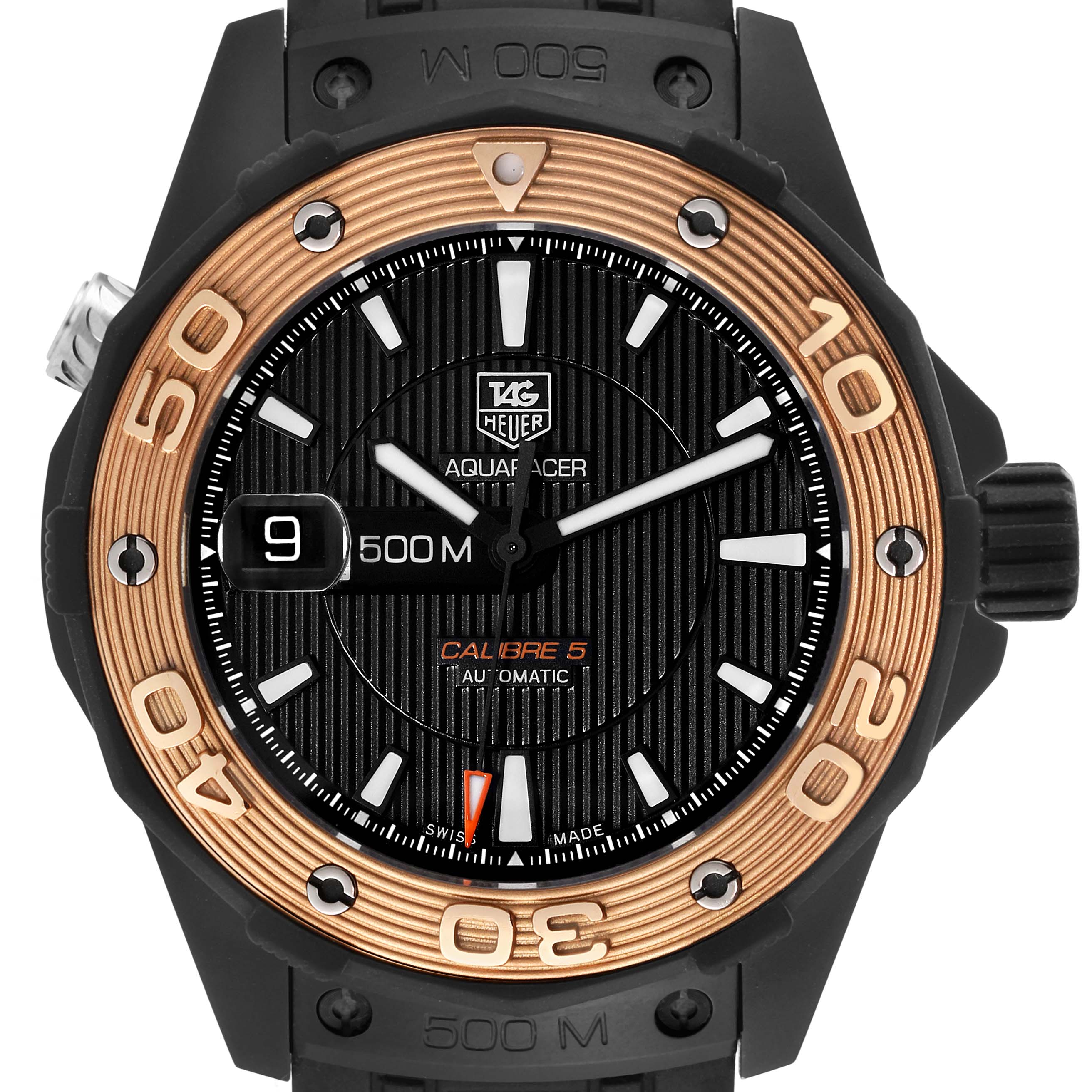 The image shows a frontal view of the Tag Heuer Aquaracer WAJ2182 Men
s Titanium Black Dial WAJ2182 Men
s Titanium Black Dial watch, highlighting the dial, hands, bezel, and crown.