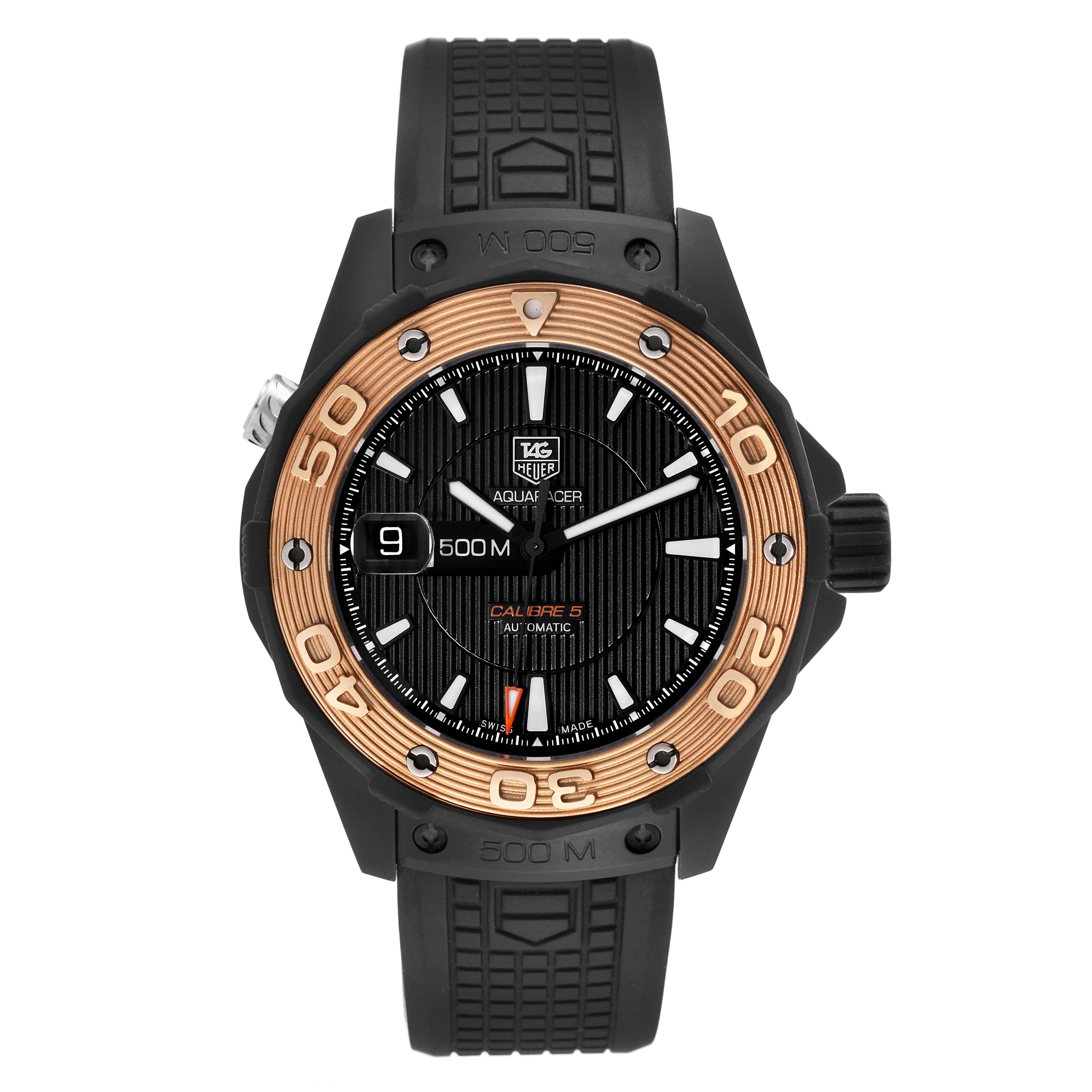 The image shows a front view of a Tag Heuer Aquaracer WAJ2182 Men
s Titanium Black Dial WAJ2182 Men
s Titanium Black Dial watch displaying its face, bezel, and strap.