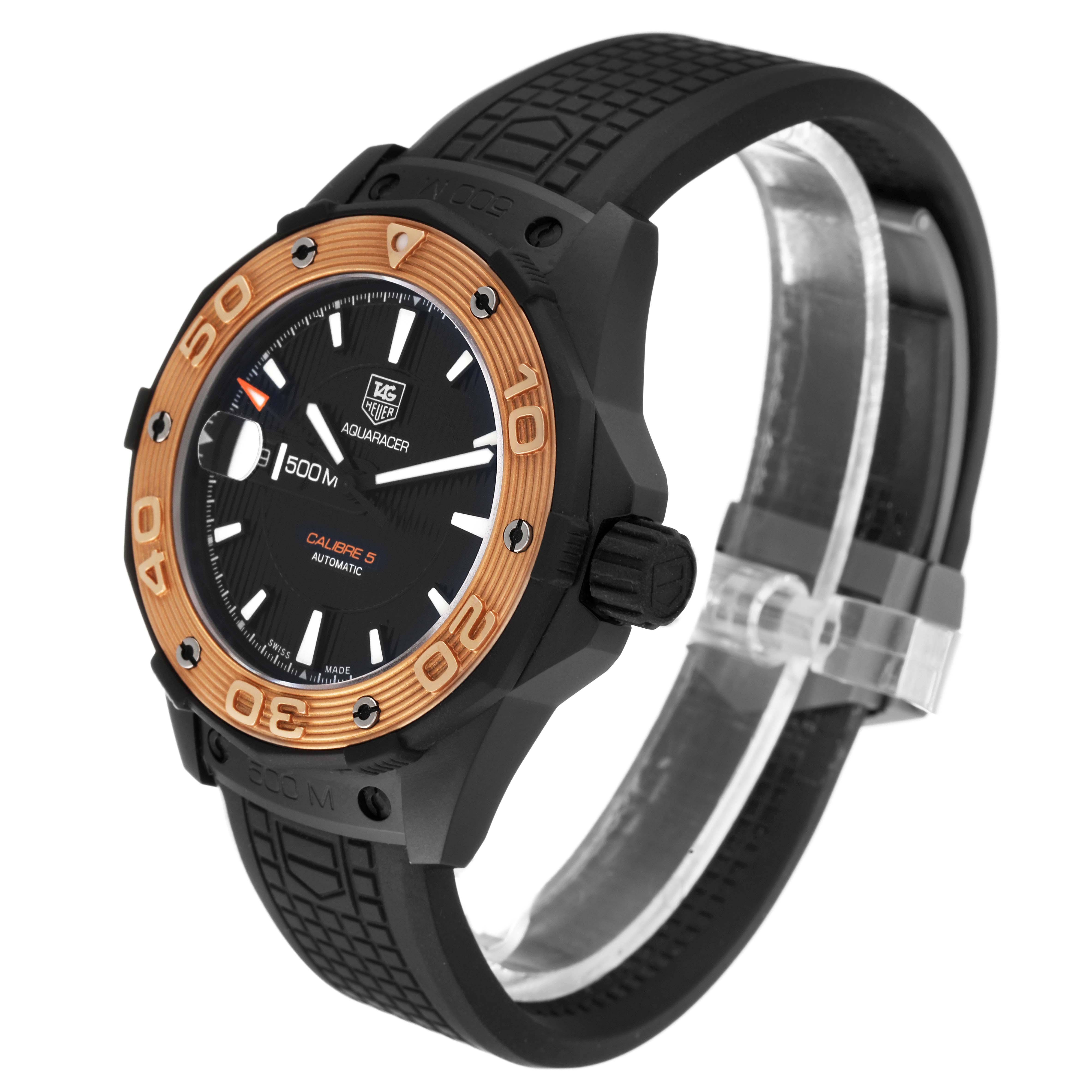 The image shows a side angle of the Tag Heuer Aquaracer WAJ2182 Men
s Titanium Black Dial WAJ2182 Men
s Titanium Black Dial watch, highlighting the bezel, dial, and strap.