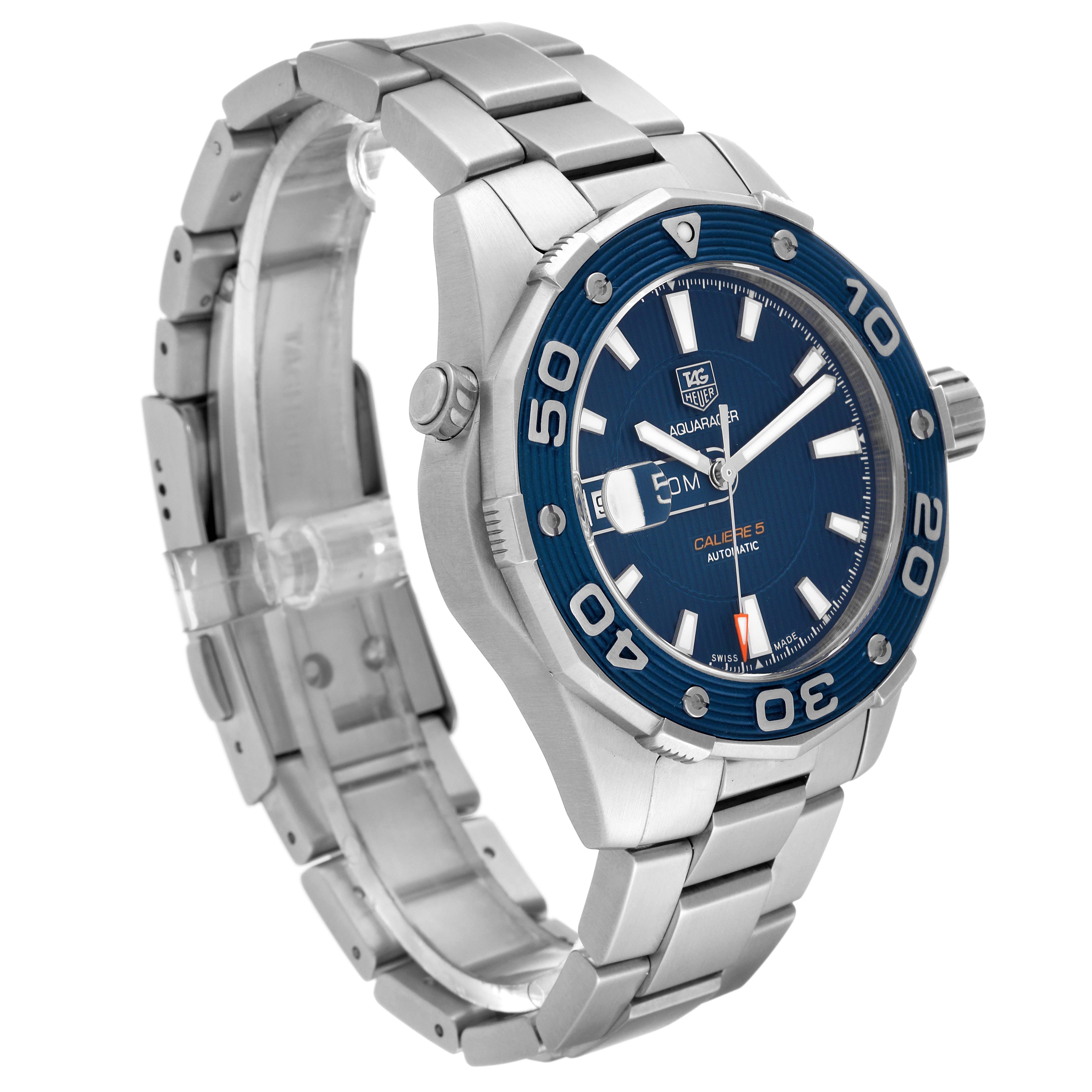 This Tag Heuer Aquaracer WAJ2112 Men's Stainless Steel Blue Dial WAJ2112 Men's Stainless Steel Blue Dial watch is shown from a three-quarter angle, displaying the face, bezel, crown, and band.