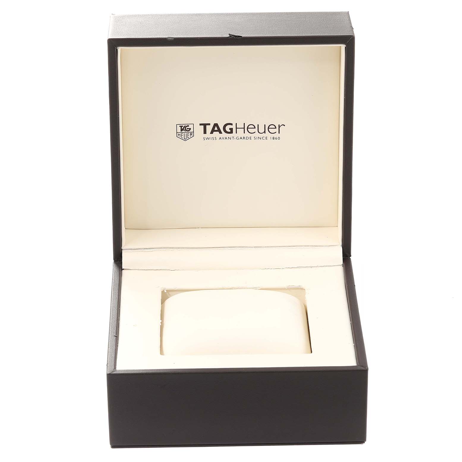 The image shows an open Tag Heuer Aquaracer WAJ2112 Men's Stainless Steel Blue Dial WAJ2112 Men's Stainless Steel Blue Dial watch box from a front angle.