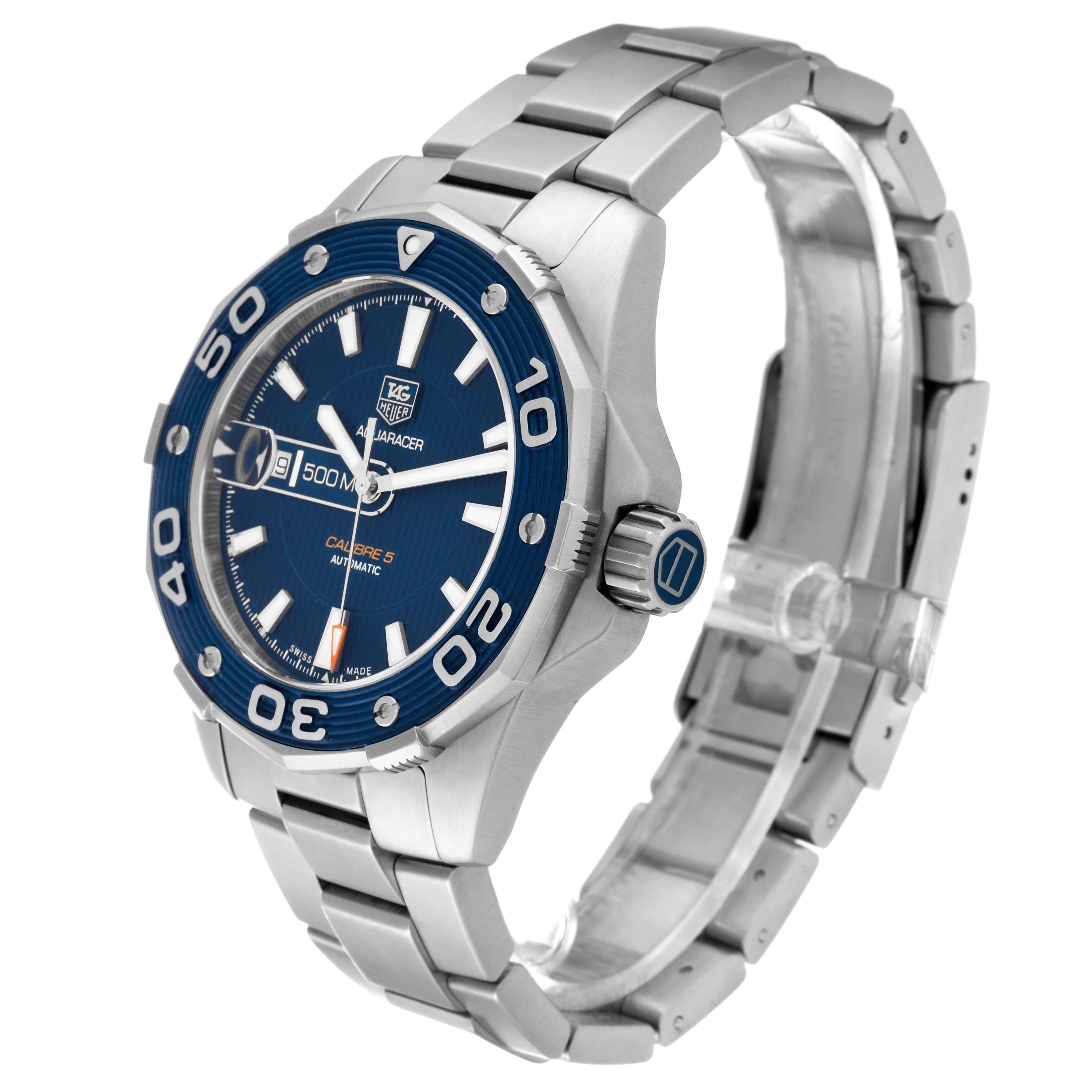 This image shows a side-angle view of the Tag Heuer Aquaracer WAJ2112 Men's Stainless Steel Blue Dial WAJ2112 Men's Stainless Steel Blue Dial watch, highlighting the bezel, dial, crown, and metal bracelet.