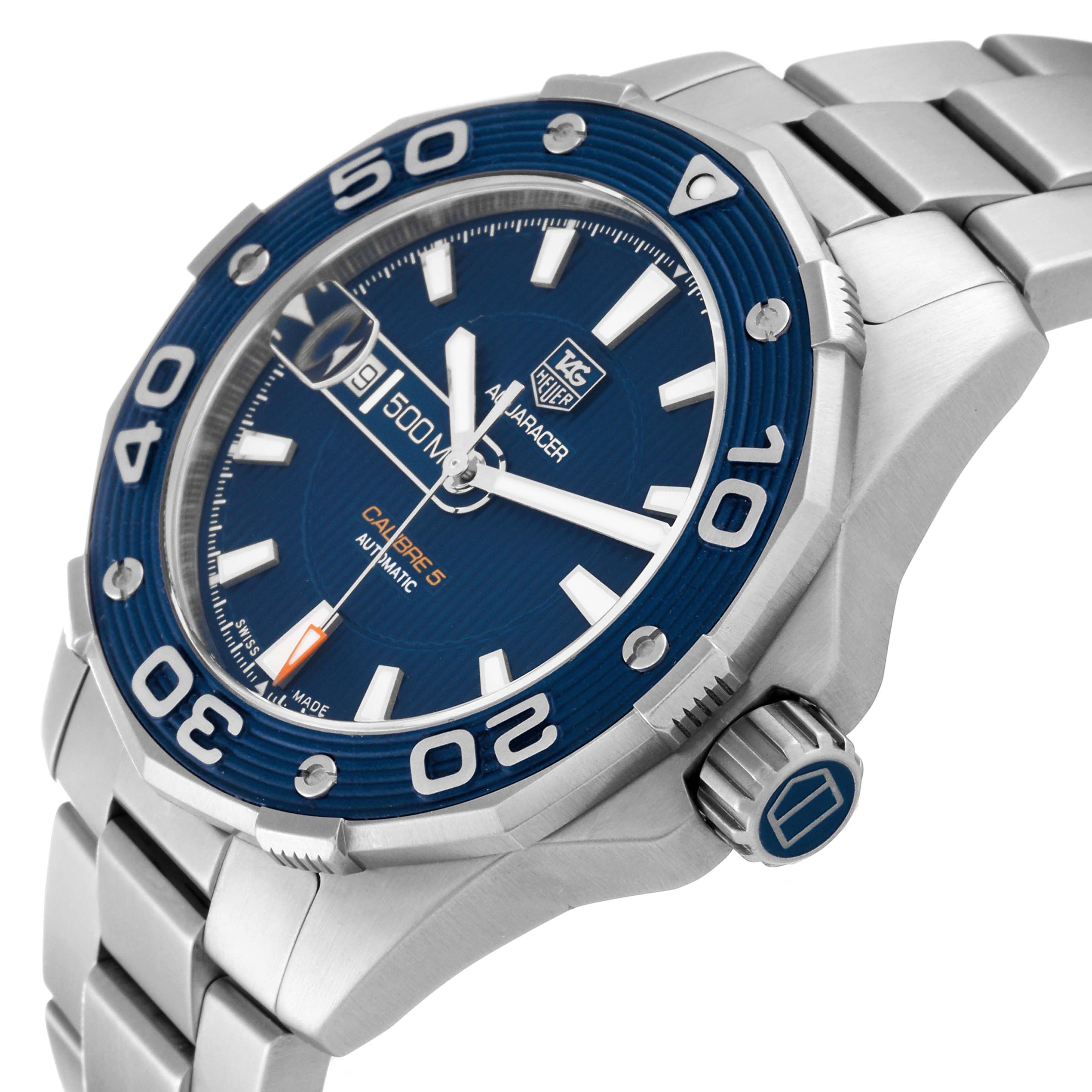 The image shows a close-up, angled view of the Tag Heuer Aquaracer WAJ2112 Men's Stainless Steel Blue Dial WAJ2112 Men's Stainless Steel Blue Dial watch, highlighting the face, bezel, and bracelet.