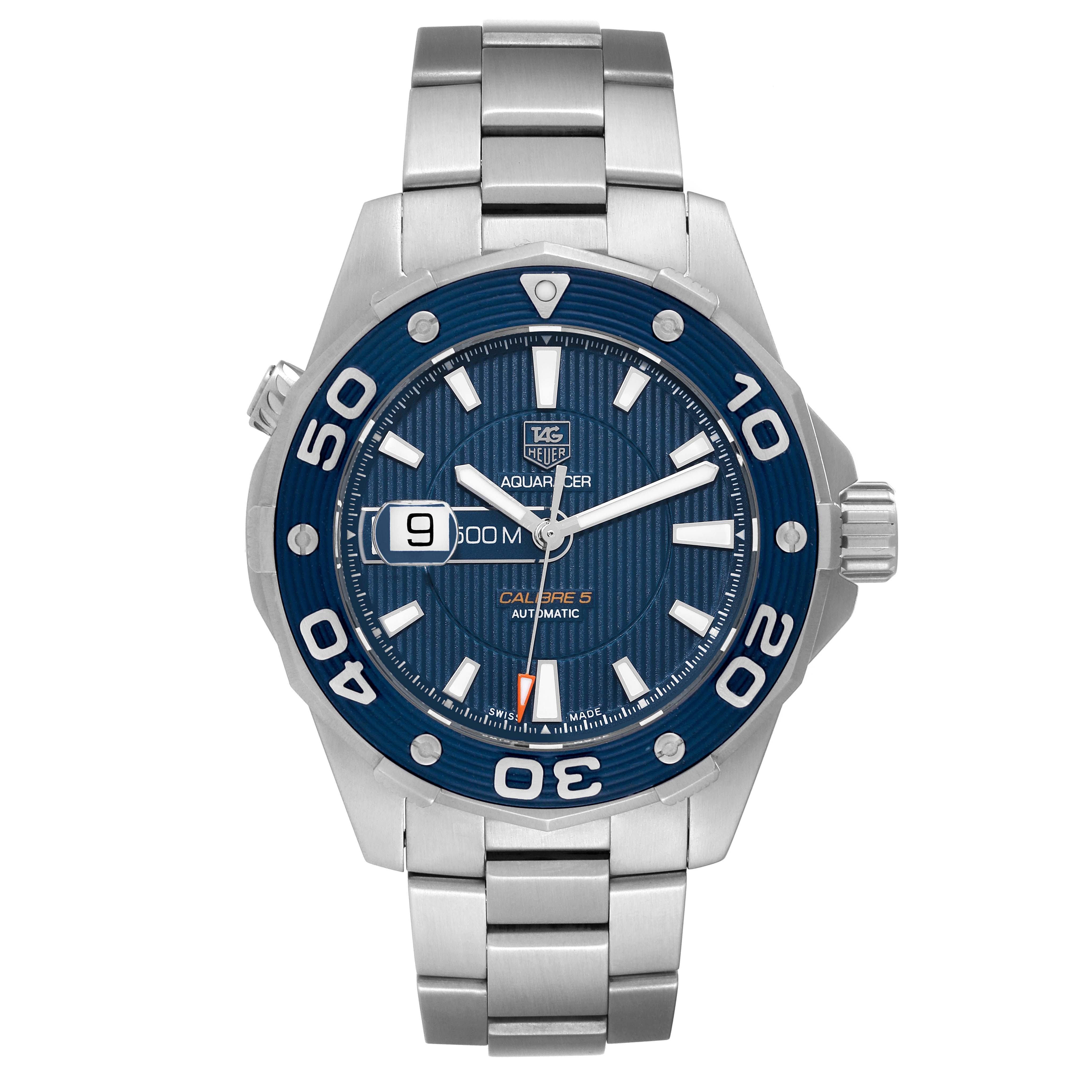The image shows a frontal view of a Tag Heuer Aquaracer WAJ2112 Men's Stainless Steel Blue Dial WAJ2112 Men's Stainless Steel Blue Dial watch displaying the face, bezel, crown, and bracelet.
