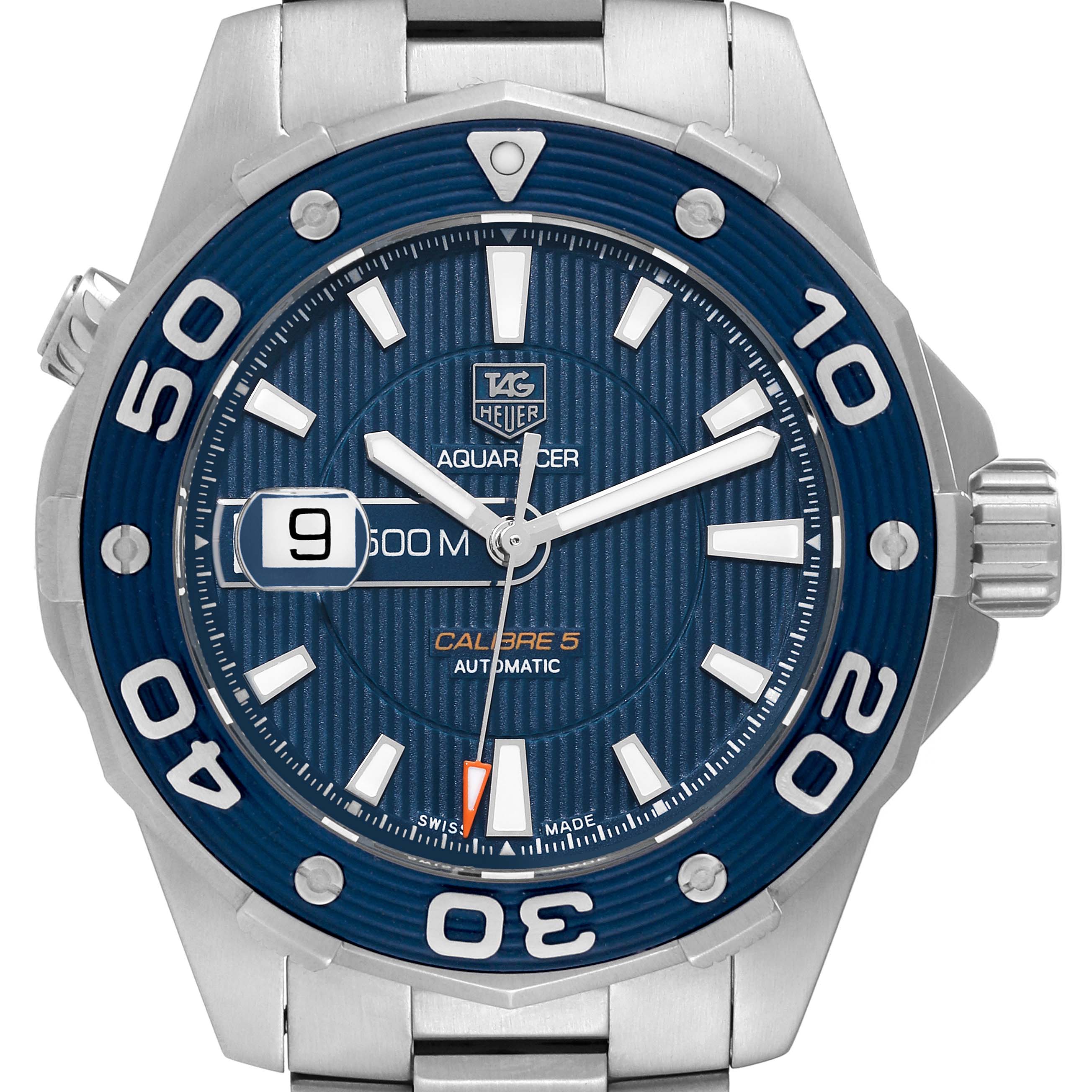 This image shows a front view of a Tag Heuer Aquaracer WAJ2112 Men's Stainless Steel Blue Dial WAJ2112 Men's Stainless Steel Blue Dial watch, highlighting the dial, bezel, and date display.