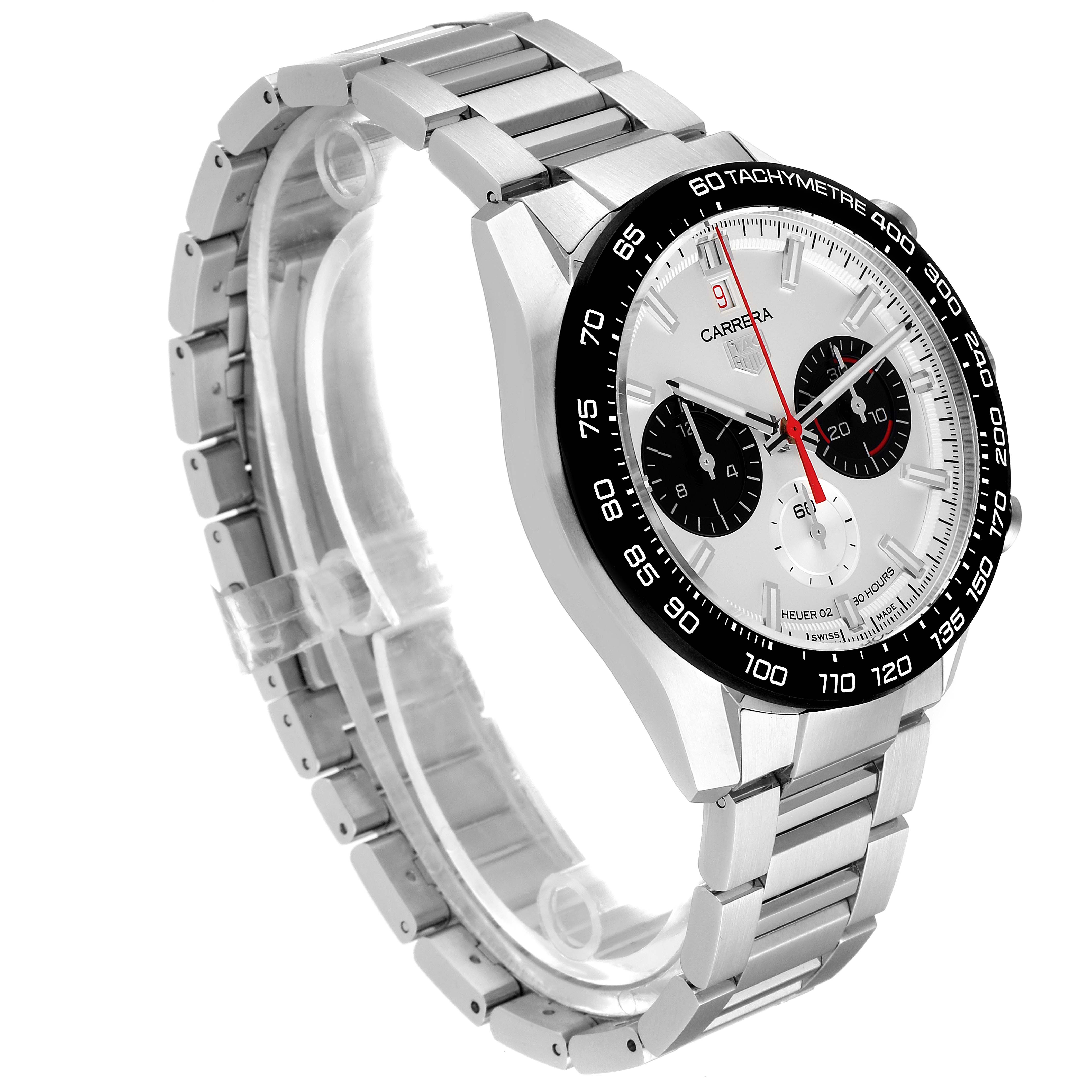 The Tag Heuer Carrera CBN2A1D.BA0643 Men's Stainless Steel Silver Dial CBN2A1D.BA0643 Men's Stainless Steel Silver Dial watch is shown at a slight angle, displaying its face, bezel, and part of the stainless steel bracelet.