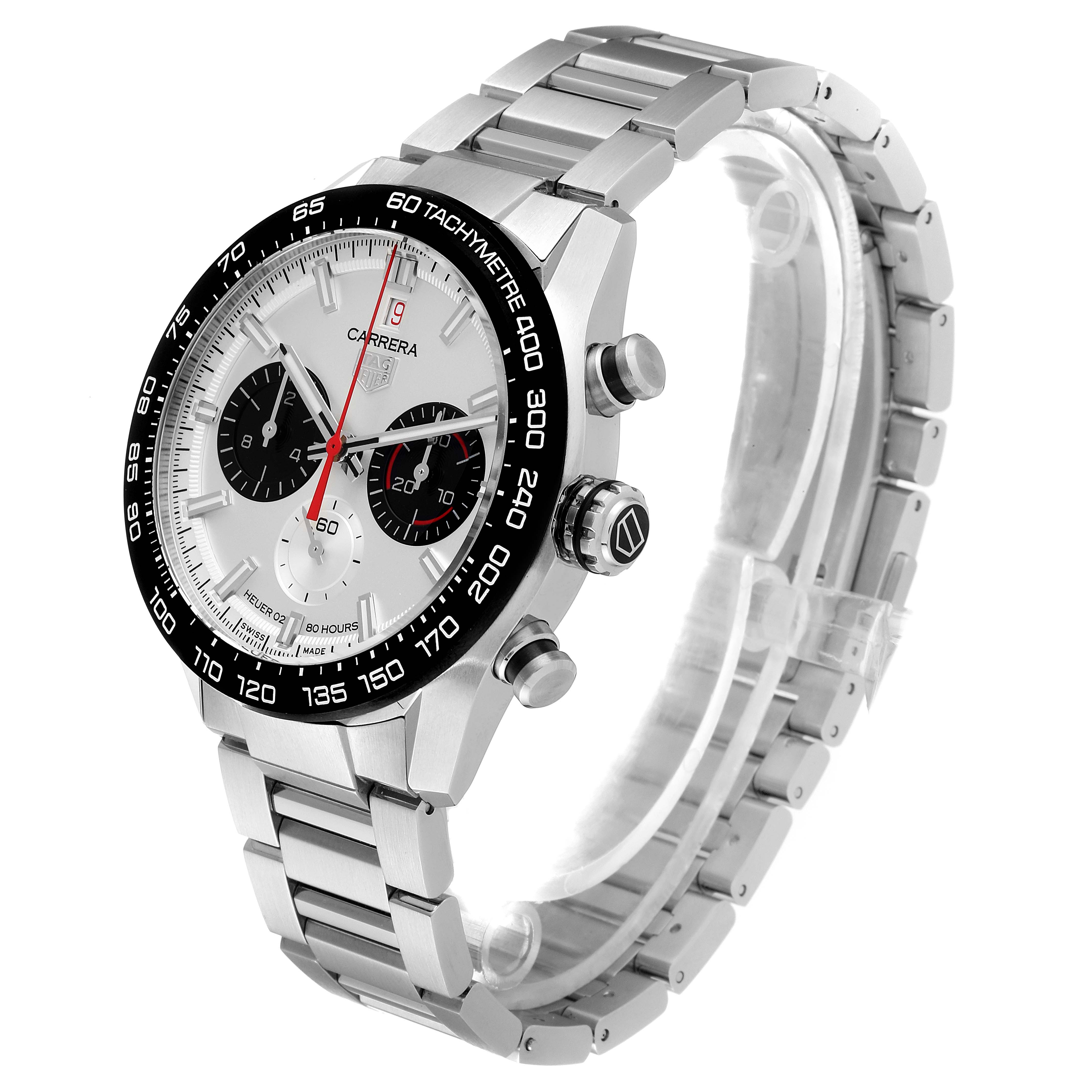 The image shows a Tag Heuer Carrera CBN2A1D.BA0643 Men's Stainless Steel Silver Dial CBN2A1D.BA0643 Men's Stainless Steel Silver Dial watch from a three-quarter angle, highlighting the face, bezel, crown, and strap.