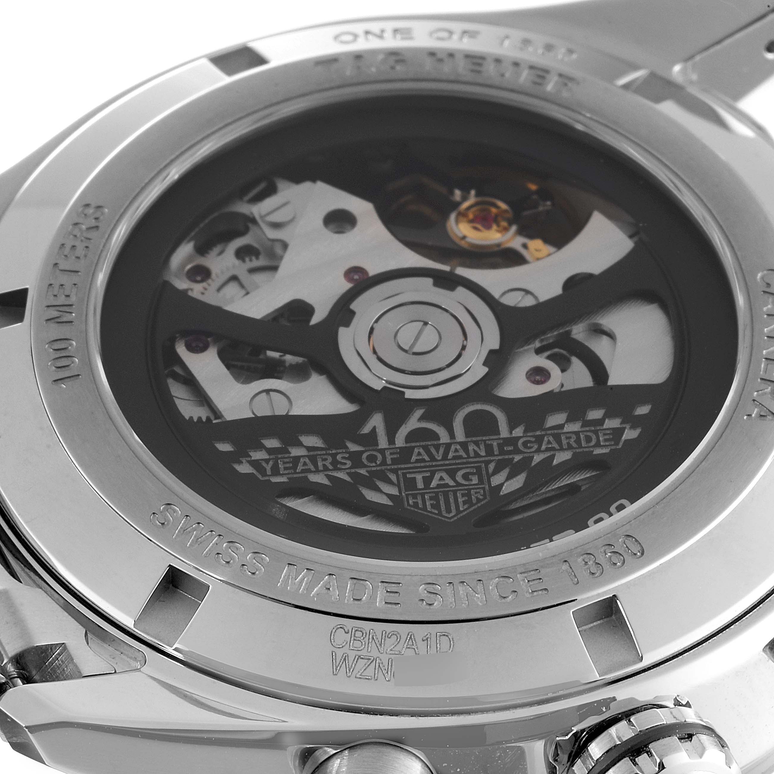 This image shows the back view of a Tag Heuer Carrera CBN2A1D.BA0643 Men's Stainless Steel Silver Dial CBN2A1D.BA0643 Men's Stainless Steel Silver Dial watch, highlighting its intricate inner mechanism.