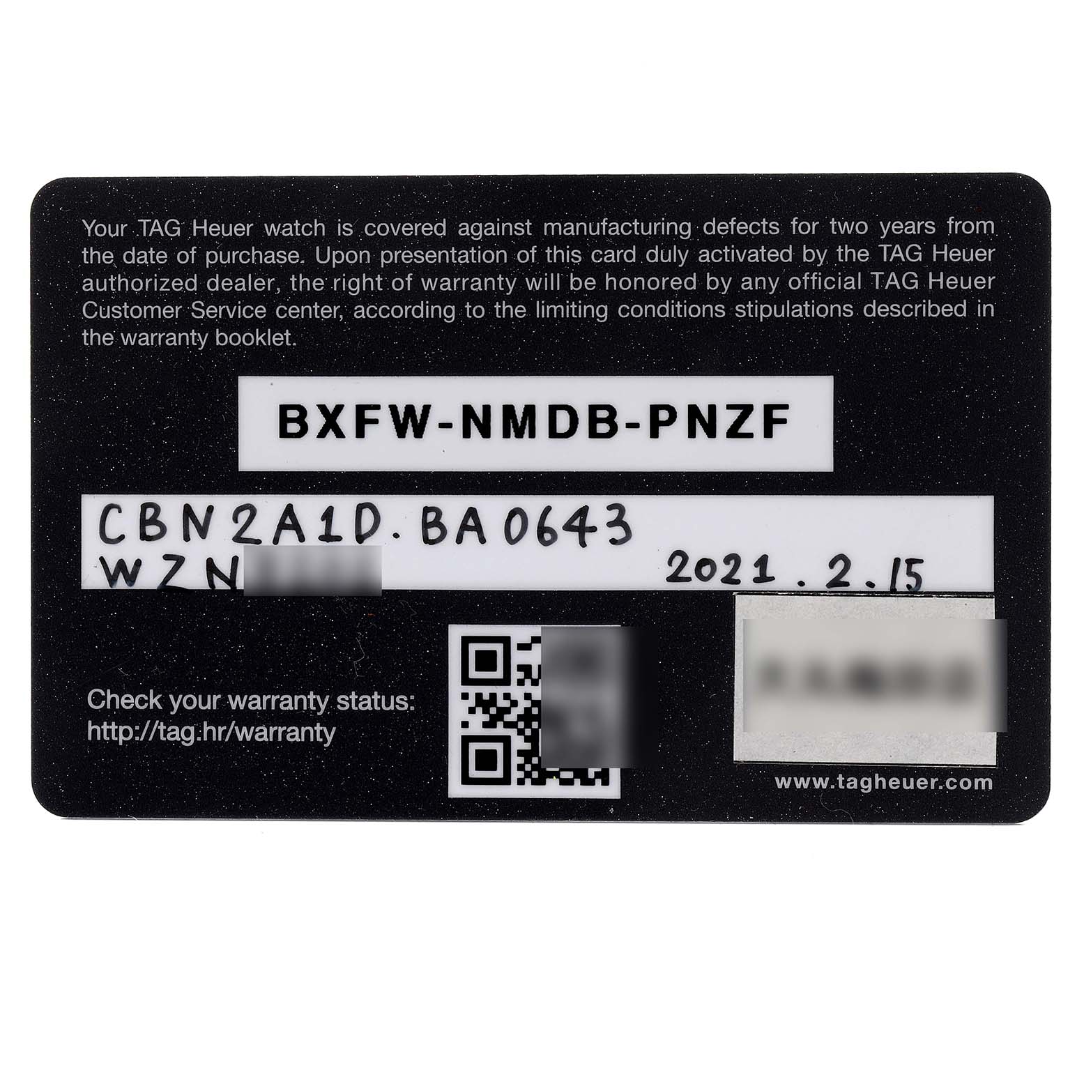 The image shows the warranty card for the Tag Heuer Carrera CBN2A1D.BA0643 Men's Stainless Steel Silver Dial CBN2A1D.BA0643 Men's Stainless Steel Silver Dial model, displayed from a top-down angle.