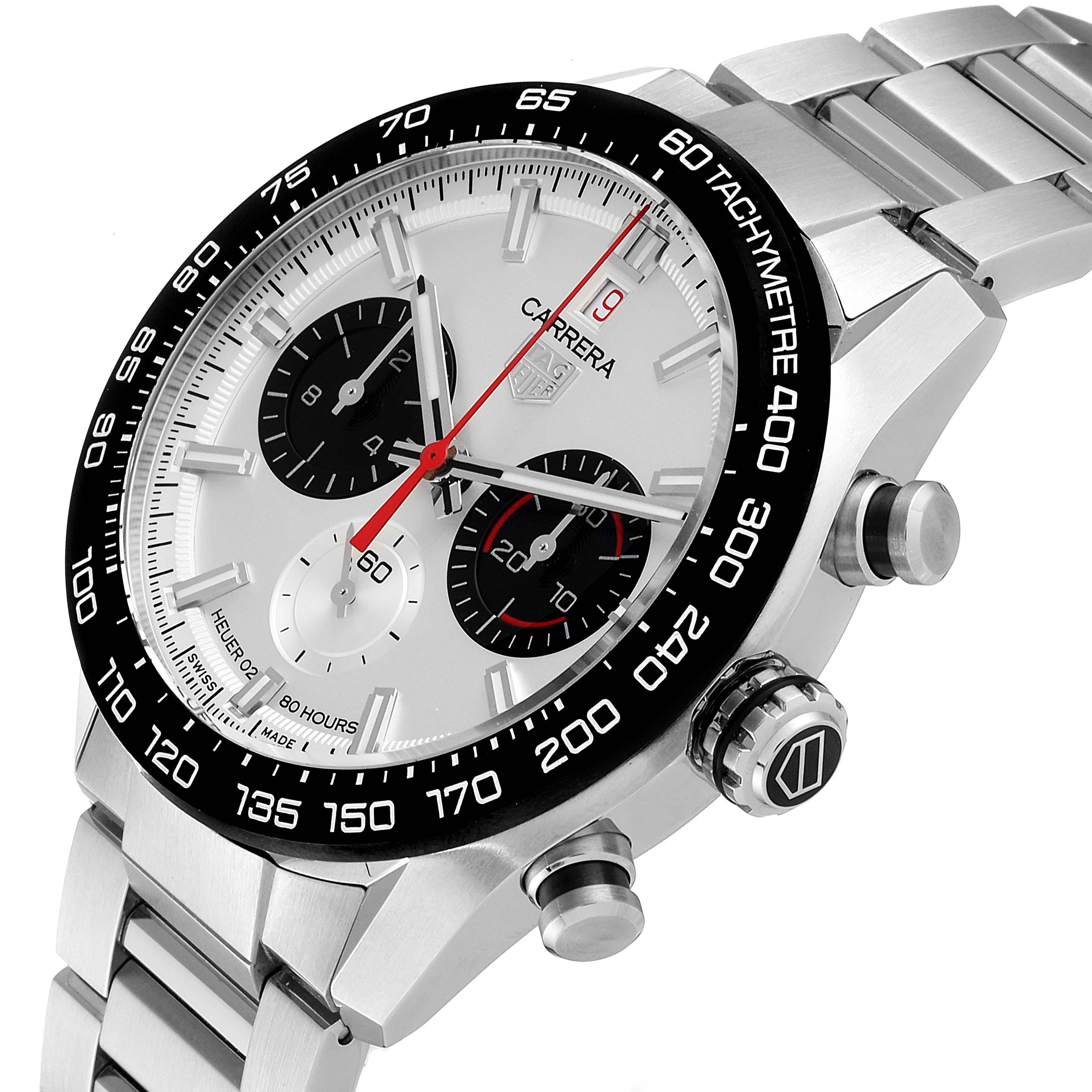 The image shows a close-up, angled view of the Tag Heuer Carrera CBN2A1D.BA0643 Men's Stainless Steel Silver Dial CBN2A1D.BA0643 Men's Stainless Steel Silver Dial watch, highlighting its face, bezel, sub-dials, and metal bracelet.