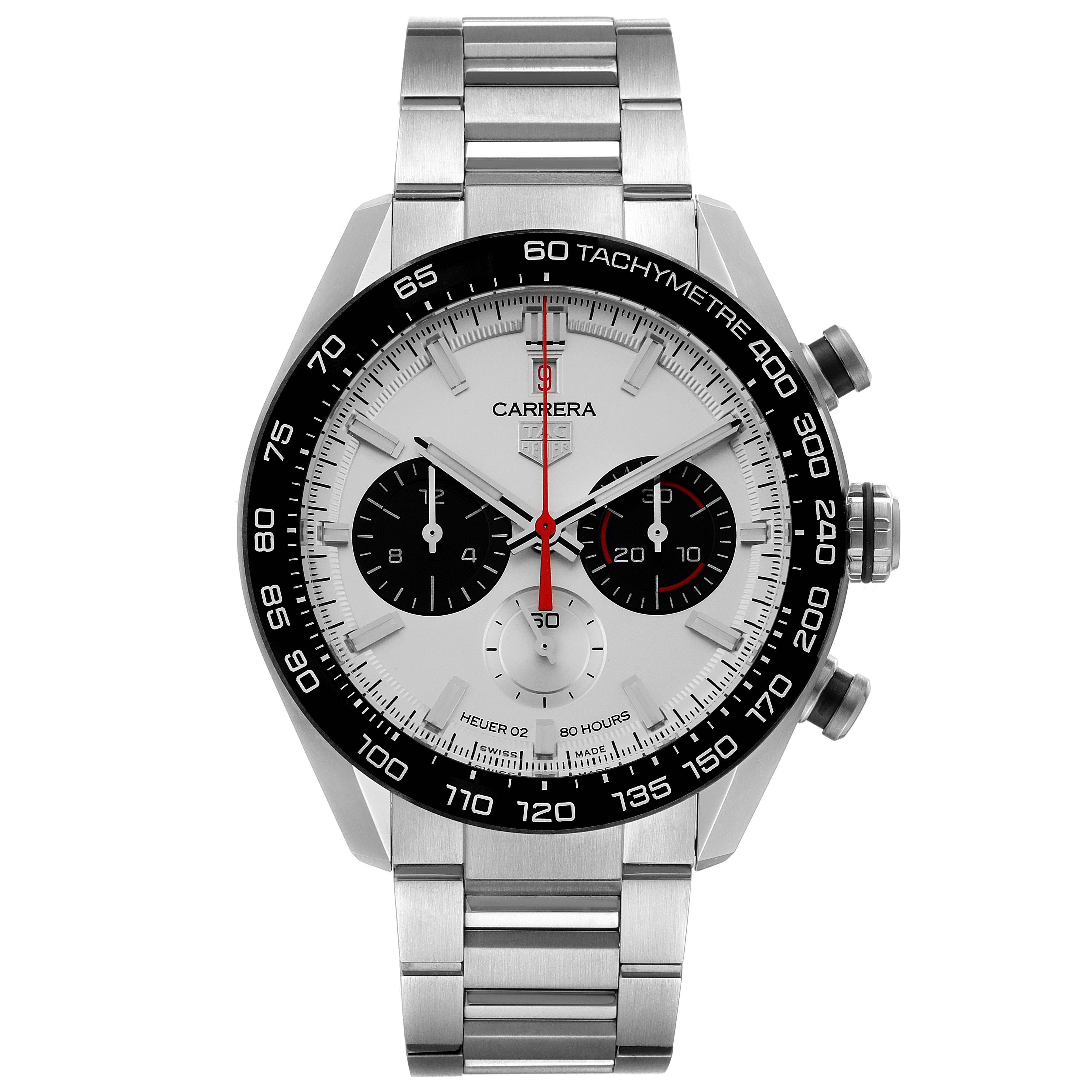 This image shows a Tag Heuer Carrera CBN2A1D.BA0643 Men's Stainless Steel Silver Dial CBN2A1D.BA0643 Men's Stainless Steel Silver Dial watch from a front view, highlighting its dial, bezel, and stainless steel bracelet.