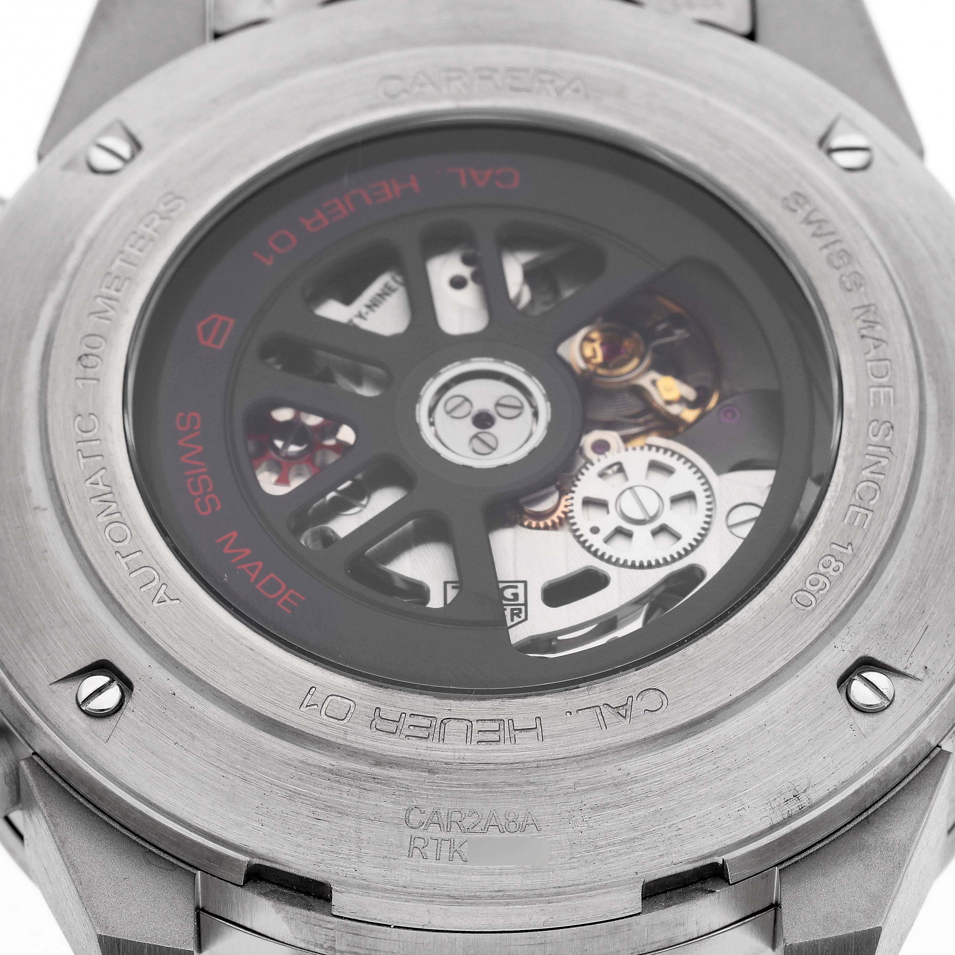Back view of the Tag Heuer Carrera CAR2A8A.BF0707 Men's Titanium Grey Dial CAR2A8A.BF0707 Men's Titanium Grey Dial watch, showing the mechanical movement and engraved details on the case.