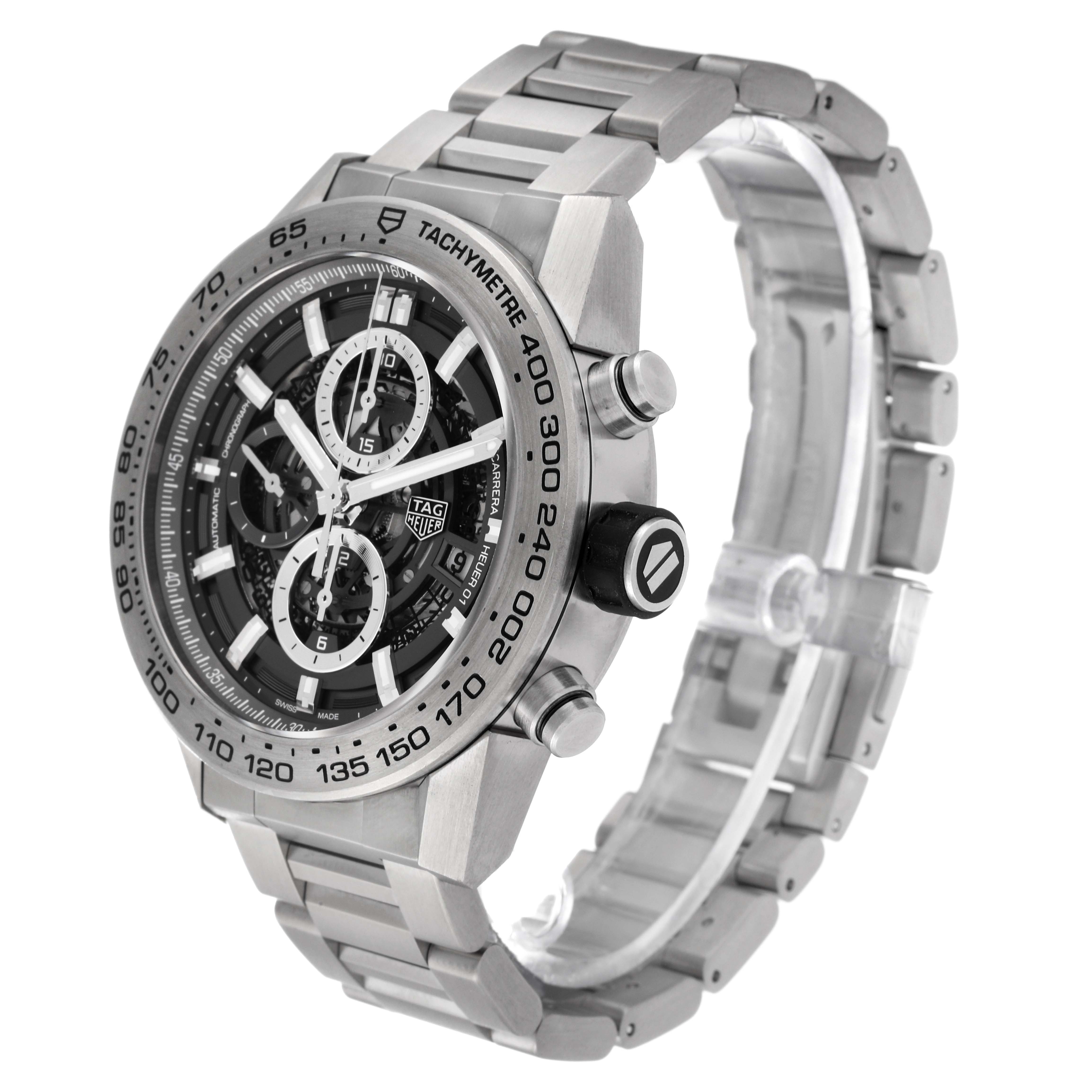 The image shows a Tag Heuer Carrera CAR2A8A.BF0707 Men's Titanium Grey Dial CAR2A8A.BF0707 Men's Titanium Grey Dial watch from a front-angle view, displaying its face, bezel, and metal bracelet.