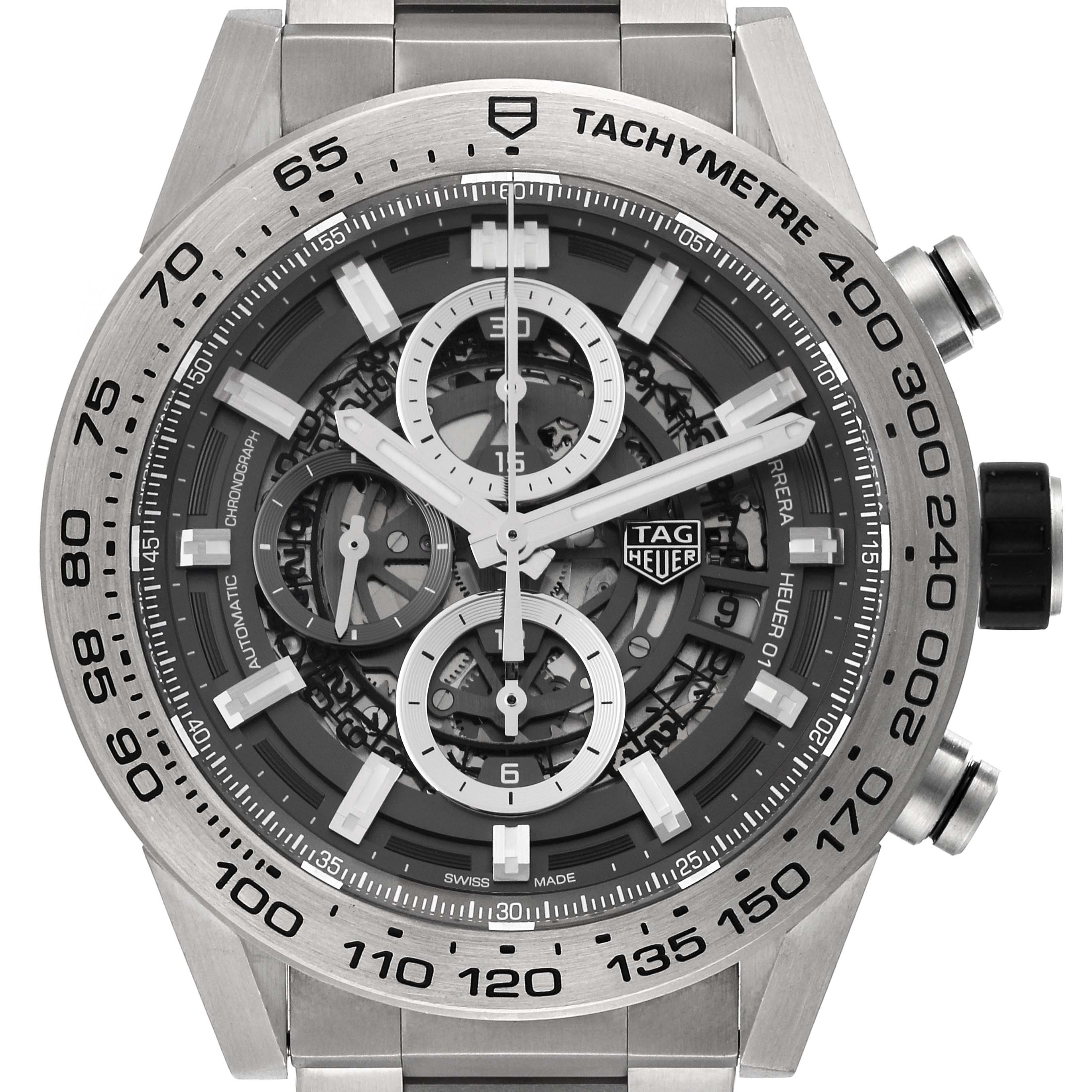 This image shows a close-up, front view of a Tag Heuer Carrera CAR2A8A.BF0707 Men's Titanium Grey Dial CAR2A8A.BF0707 Men's Titanium Grey Dial watch, highlighting its dial, hands, subdials, and tachymeter bezel.