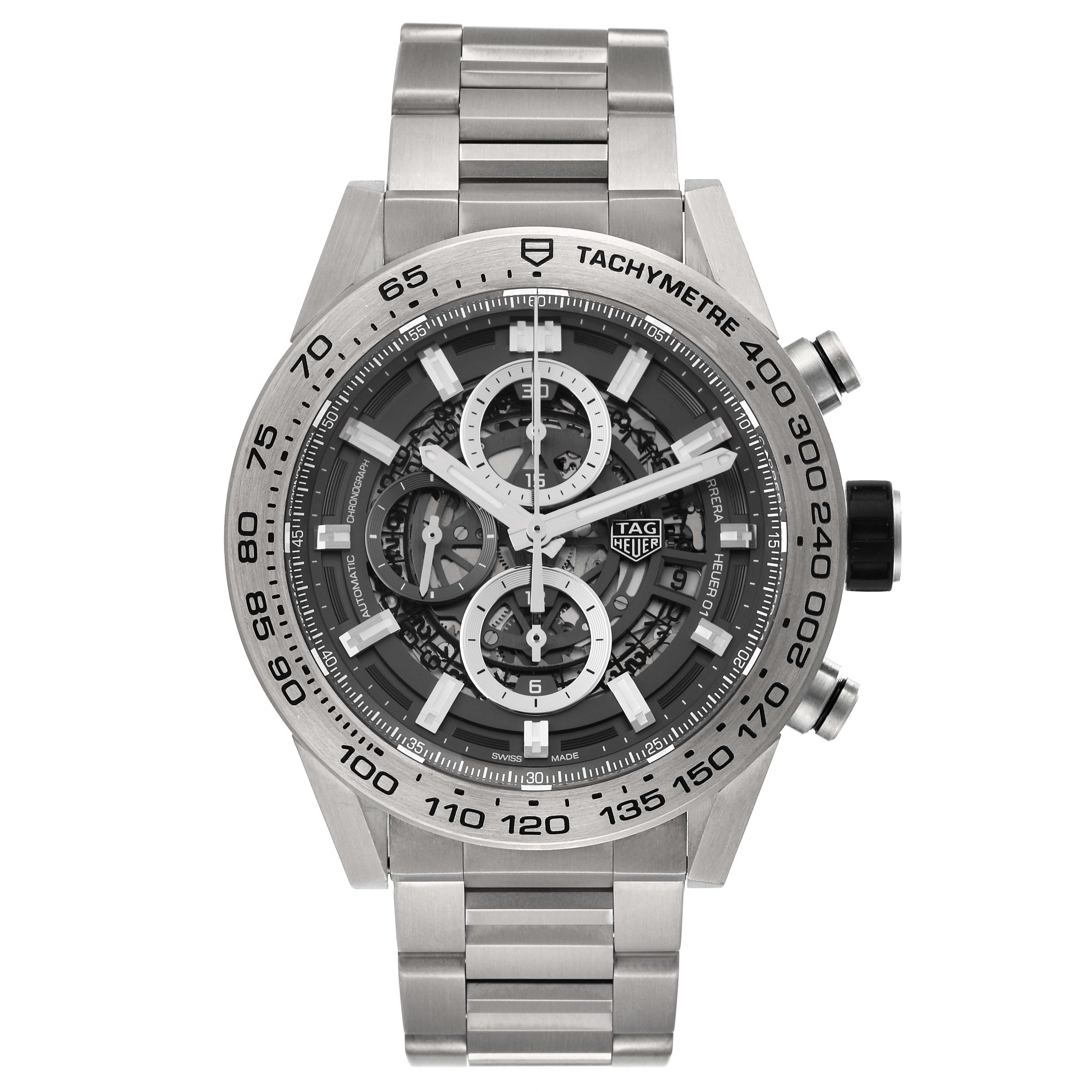 The image shows a front view of the Tag Heuer Carrera CAR2A8A.BF0707 Men's Titanium Grey Dial CAR2A8A.BF0707 Men's Titanium Grey Dial watch, with its full face, bracelet, and tachymeter bezel visible.
