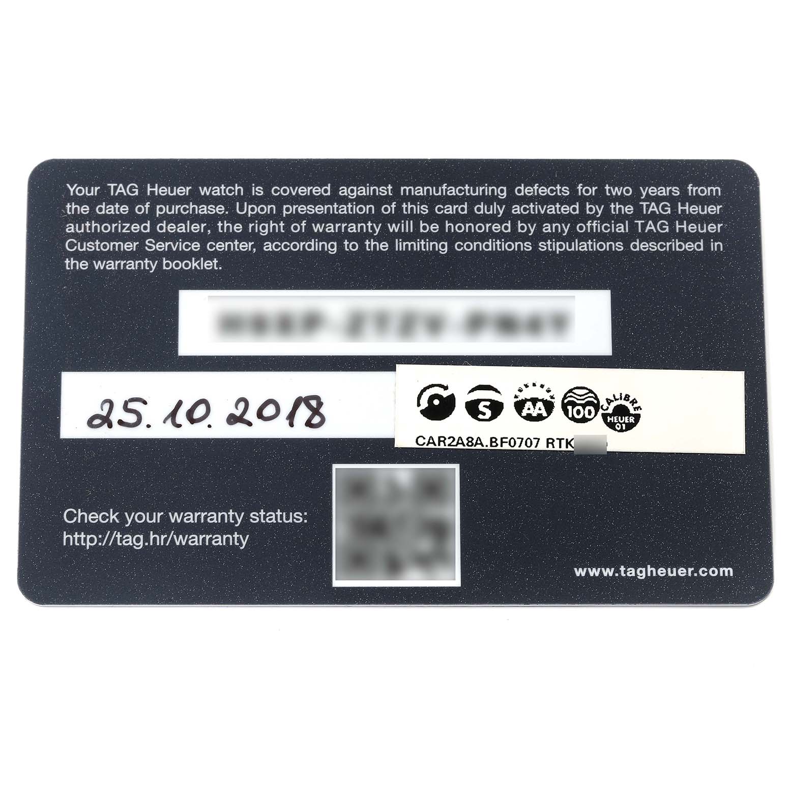 This image shows a warranty card for a Tag Heuer Carrera CAR2A8A.BF0707 Men's Titanium Grey Dial CAR2A8A.BF0707 Men's Titanium Grey Dial model watch.