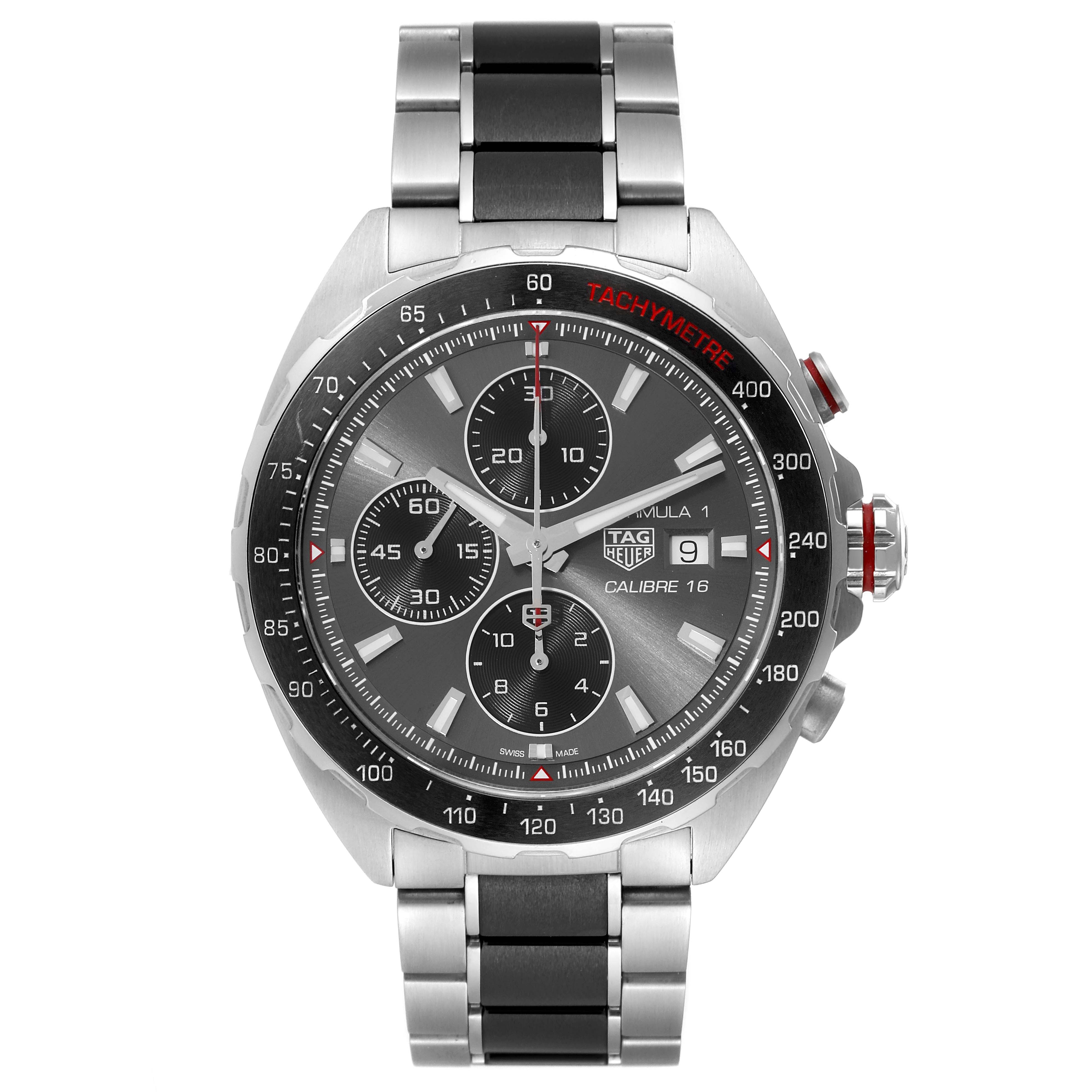 The image shows a front view of a Tag Heuer Formula 1 CAZ2012-0 Men's Stainless Steel Grey Dial CAZ2012-0 Men's Stainless Steel Grey Dial watch, highlighting its dial, subdials, and stainless steel bracelet.