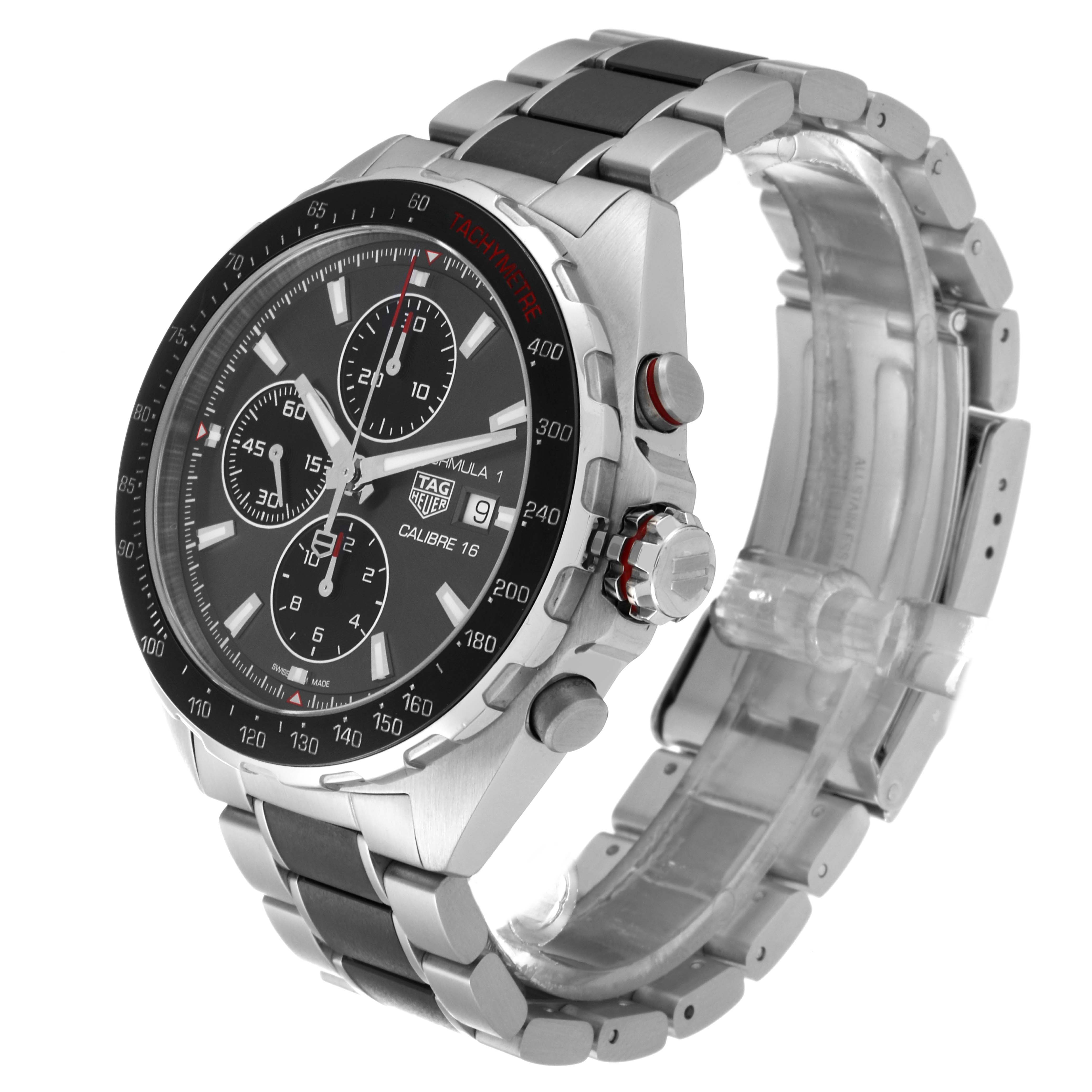 The image shows a side and partial front view of a Tag Heuer Formula 1 CAZ2012-0 Men's Stainless Steel Grey Dial CAZ2012-0 Men's Stainless Steel Grey Dial watch, highlighting the bezel, crown, and band.