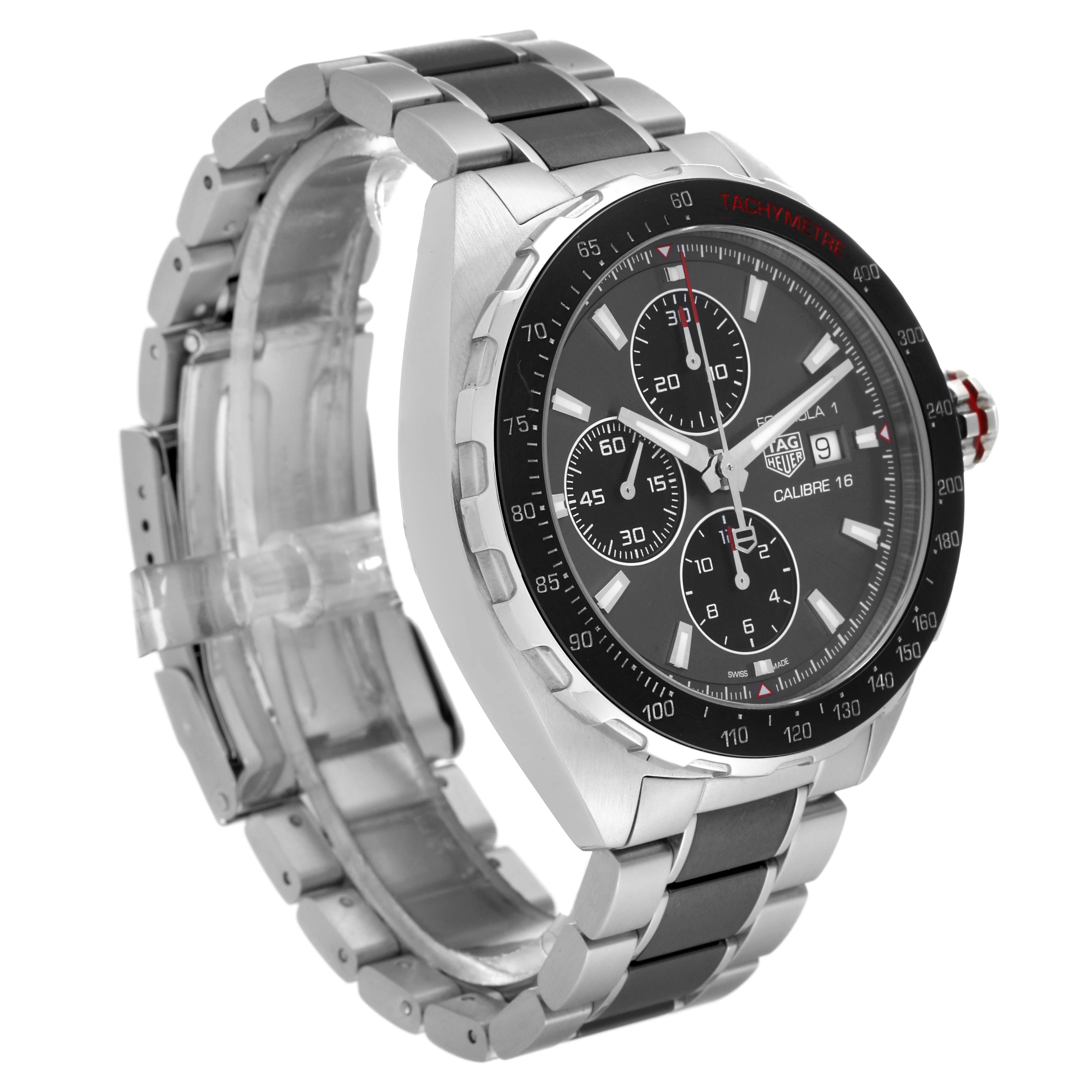 The Tag Heuer Formula 1 CAZ2012-0 Men's Stainless Steel Grey Dial CAZ2012-0 Men's Stainless Steel Grey Dial watch is shown at a three-quarter angle, displaying its face, bezel, crown, and stainless steel bracelet.