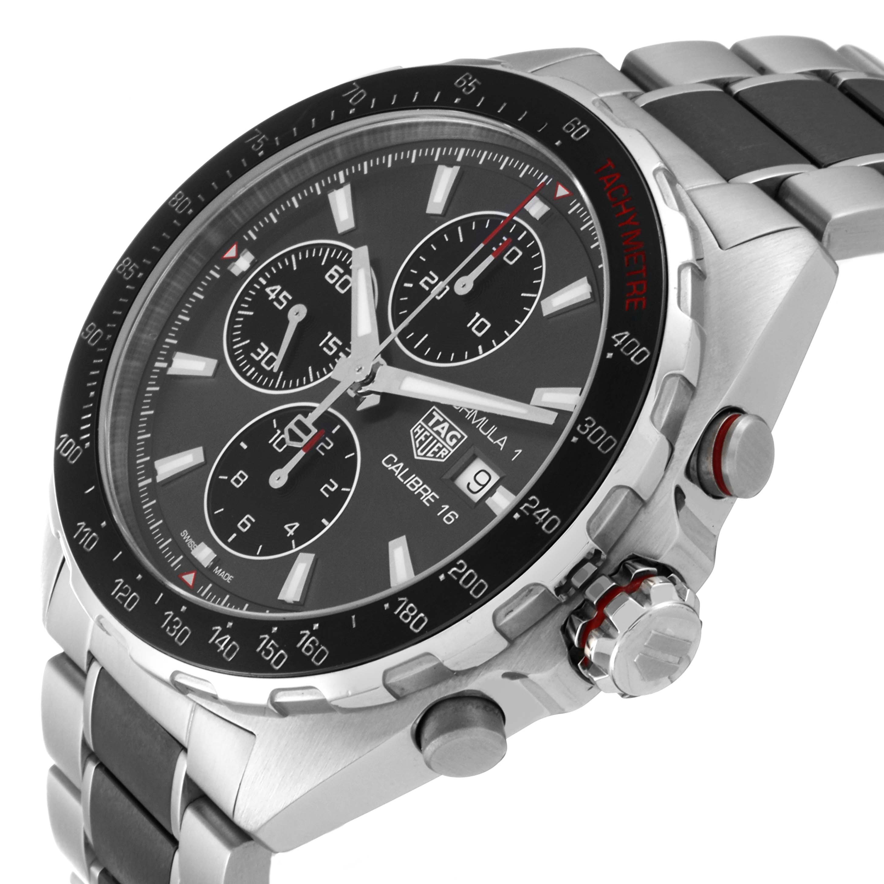 This image shows a side and front view of the Tag Heuer Formula 1 CAZ2012-0 Men's Stainless Steel Grey Dial CAZ2012-0 Men's Stainless Steel Grey Dial Calibre 16 watch, displaying its bezel, dial, and pushers.