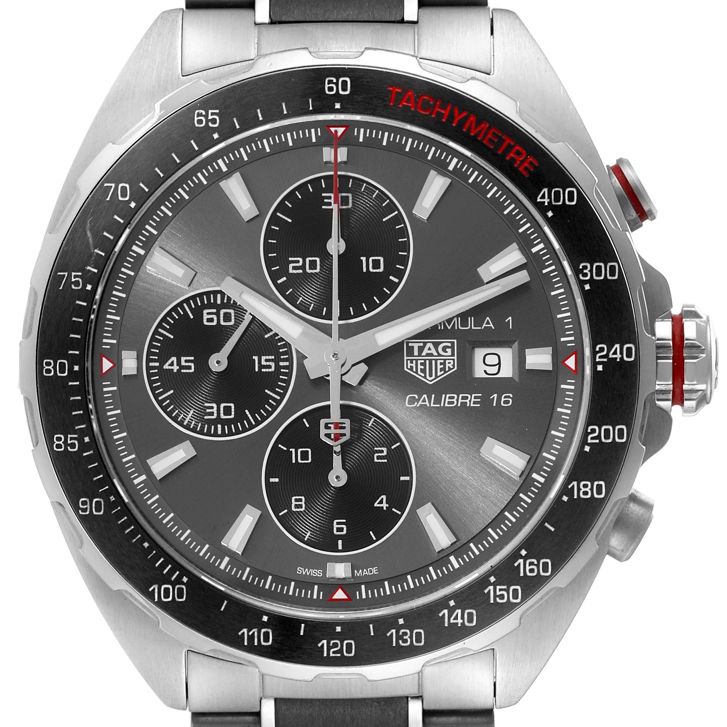This image shows a close-up, front view of the Tag Heuer Formula 1 CAZ2012-0 Men's Stainless Steel Grey Dial CAZ2012-0 Men's Stainless Steel Grey Dial Calibre 16 watch, emphasizing the dial and bezel.