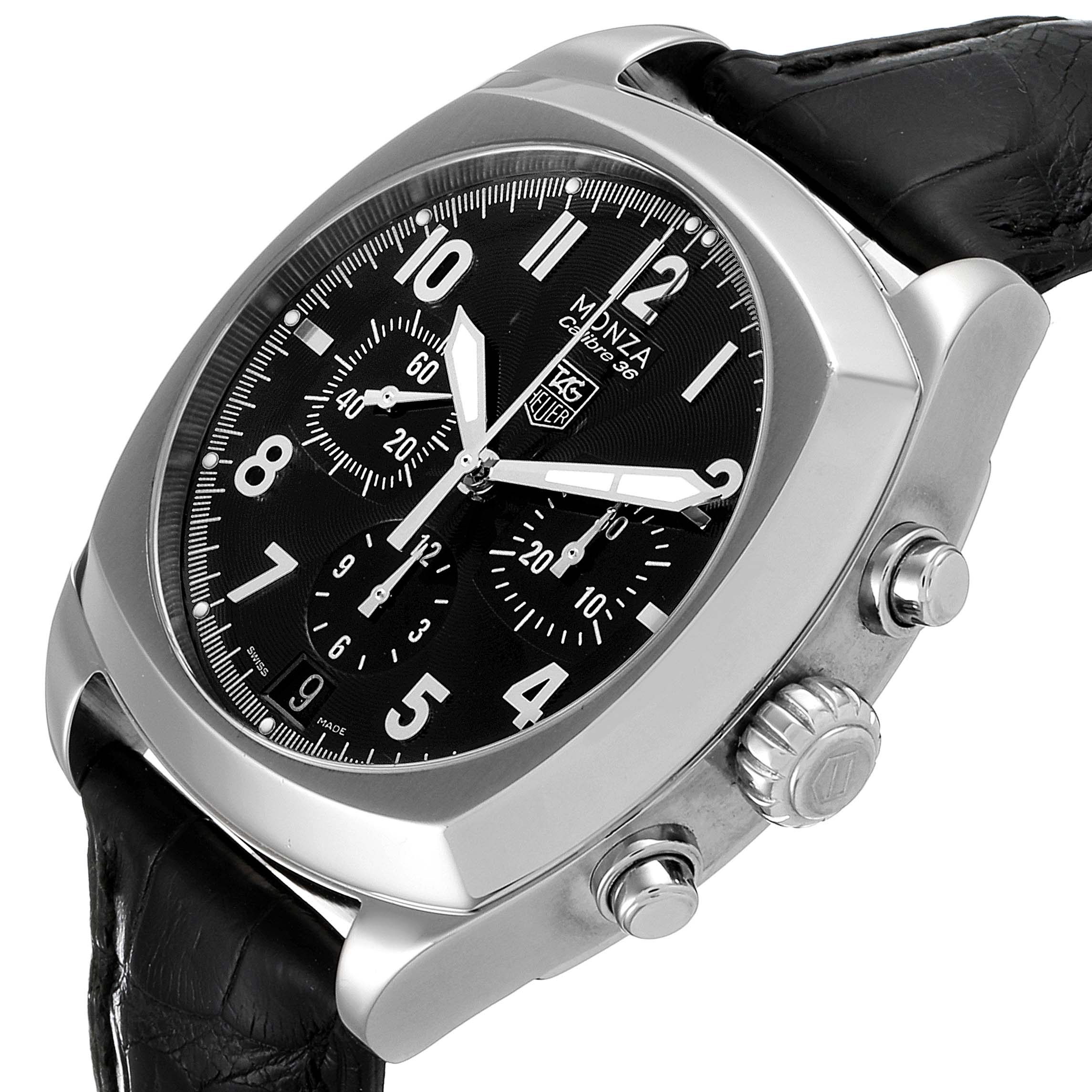 The image shows a close-up angle of the Tag Heuer Monza CR5110.FC6175 Men's Stainless Steel Black Dial CR5110.FC6175 Men's Stainless Steel Black Dial watch, highlighting the face, crown, and leather strap.