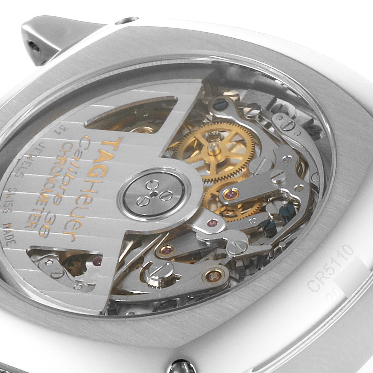 The image shows the close-up of the back of a Tag Heuer Monza CR5110.FC6175 Men's Stainless Steel Black Dial CR5110.FC6175 Men's Stainless Steel Black Dial model watch, highlighting its intricate mechanical movement.