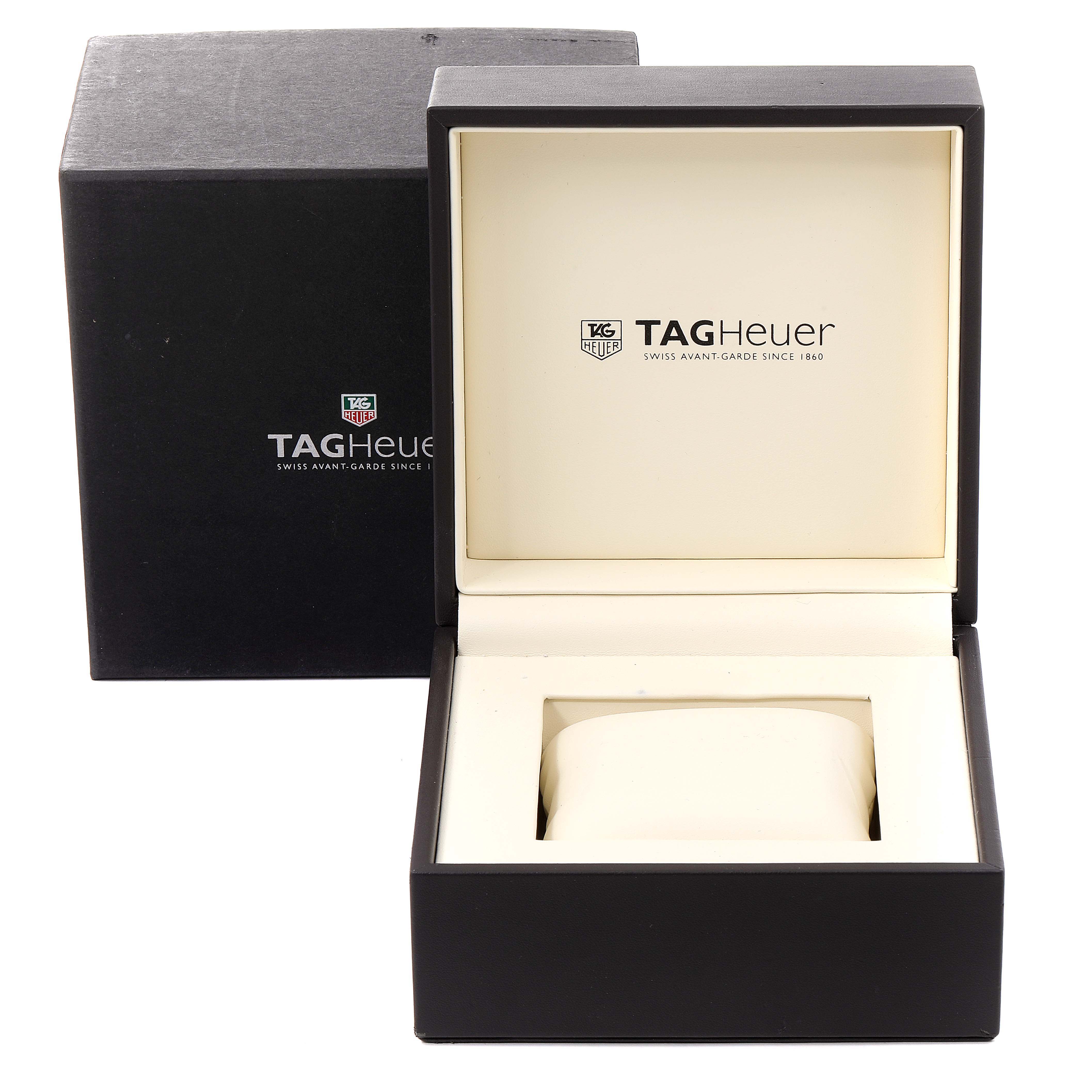 The image shows an open and empty Tag Heuer Monza CR5110.FC6175 Men's Stainless Steel Black Dial CR5110.FC6175 Men's Stainless Steel Black Dial watch box from a front angle.