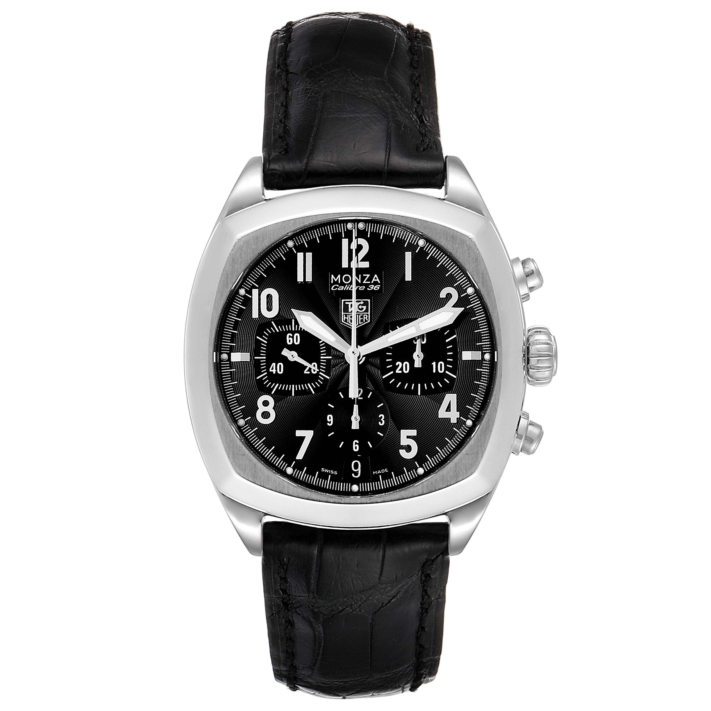 The image shows a front view of a Tag Heuer Monza CR5110.FC6175 Men's Stainless Steel Black Dial CR5110.FC6175 Men's Stainless Steel Black Dial watch, highlighting its black dial, chronograph subdials, and black leather strap.