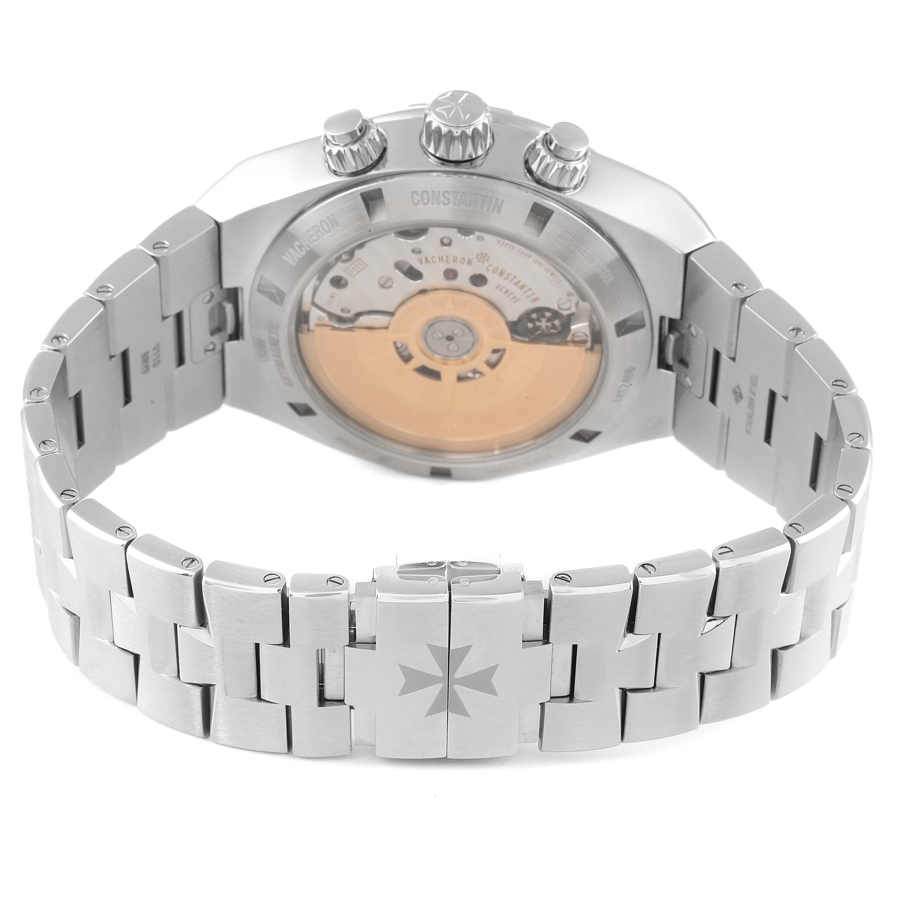 The image shows the back view of the Vacheron Constantin Overseas 5500V/110A-B148 Men's Stainless Steel Blue Dial 5500V/110A-B148 Men's Stainless Steel Blue Dial model, highlighting the bracelet and movement.