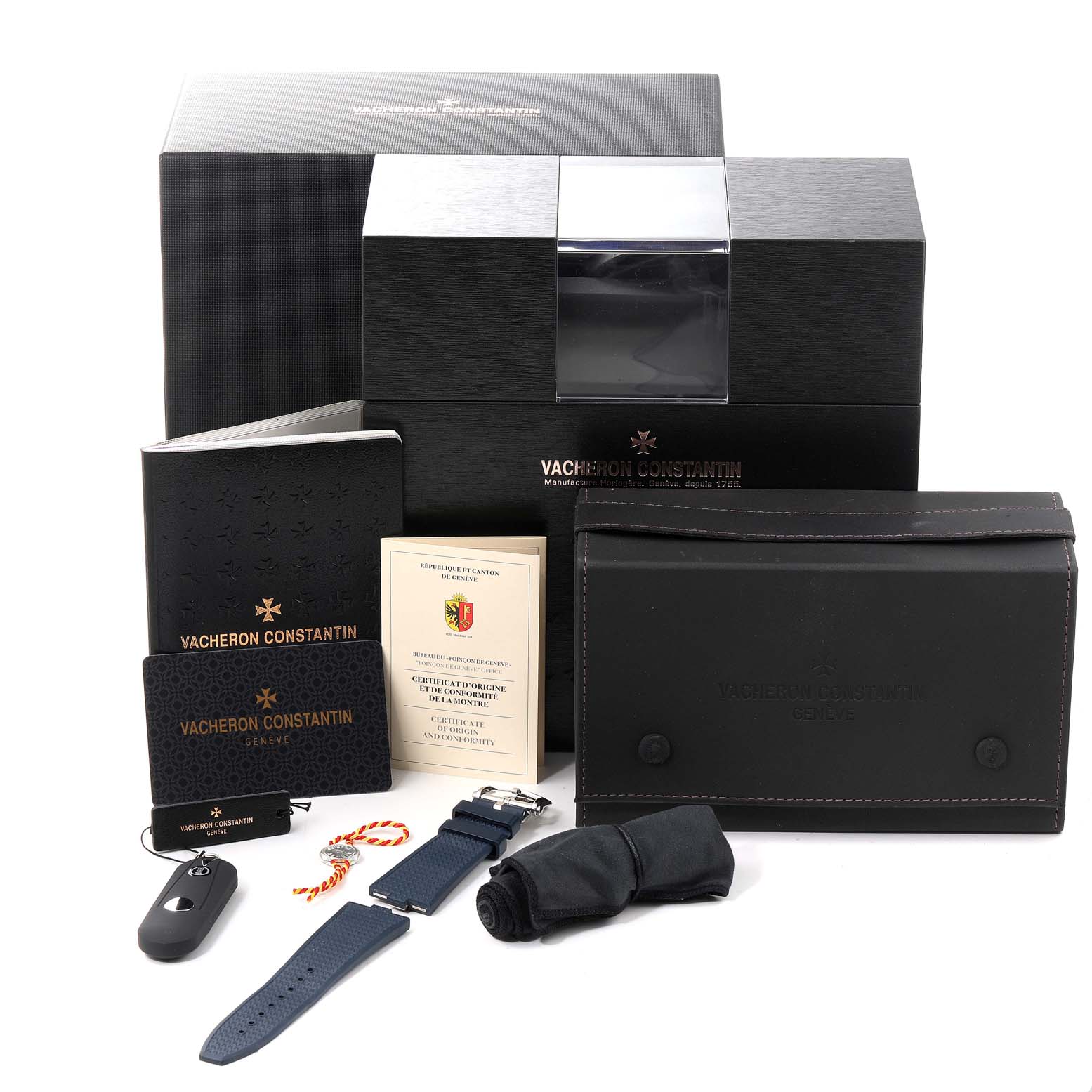 The image shows the packaging and accessories of the Vacheron Constantin Overseas 5500V/110A-B148 Men's Stainless Steel Blue Dial 5500V/110A-B148 Men's Stainless Steel Blue Dial model, including straps, a pouch, manuals, and a box.