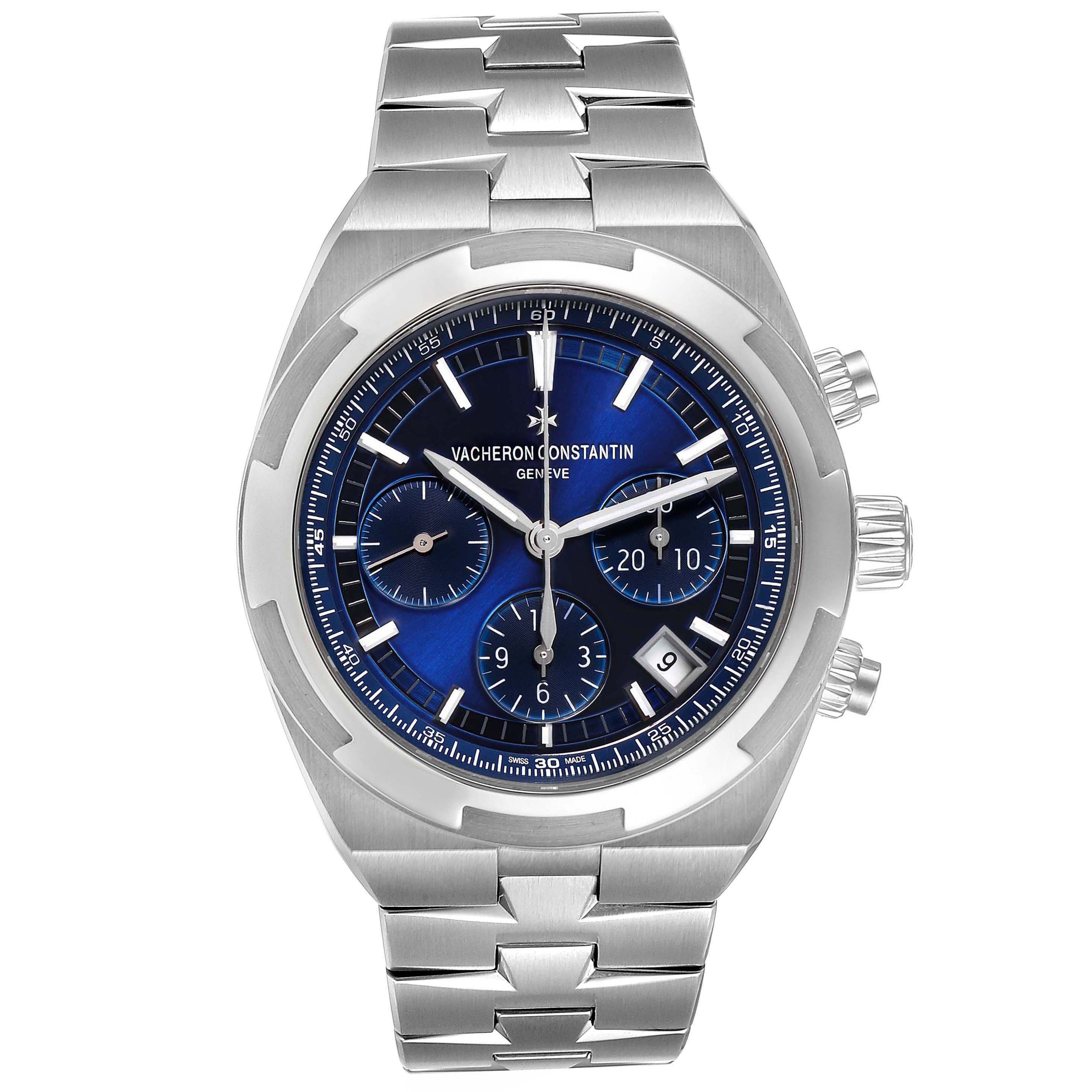 This image shows a front view of the Vacheron Constantin Overseas 5500V/110A-B148 Men's Stainless Steel Blue Dial 5500V/110A-B148 Men's Stainless Steel Blue Dial watch, highlighting its dial, case, and bracelet.