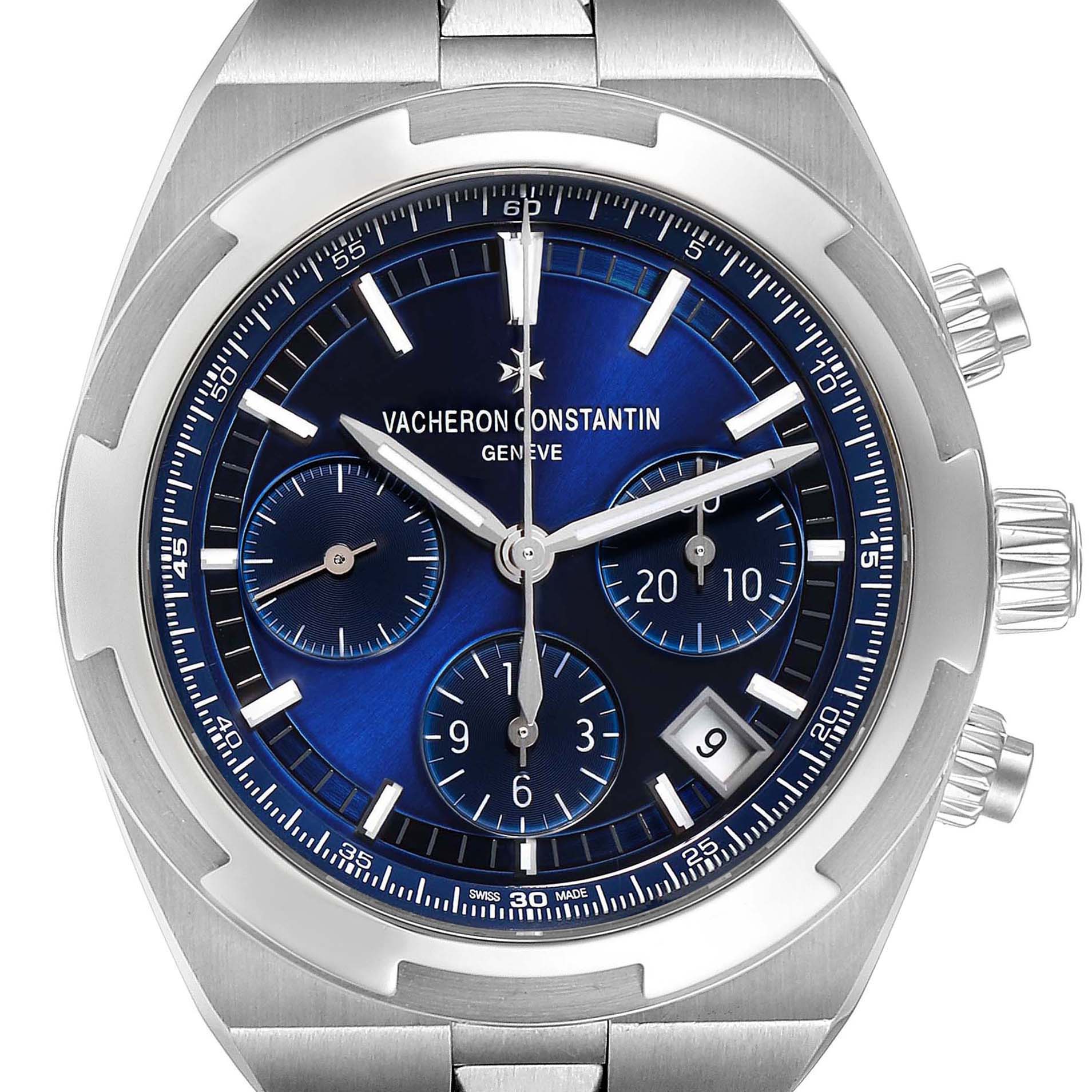 The image shows a close-up front view of the Vacheron Constantin Overseas 5500V/110A-B148 Men's Stainless Steel Blue Dial 5500V/110A-B148 Men's Stainless Steel Blue Dial watch, showcasing the blue dial, chronograph sub-dials, and date window.
