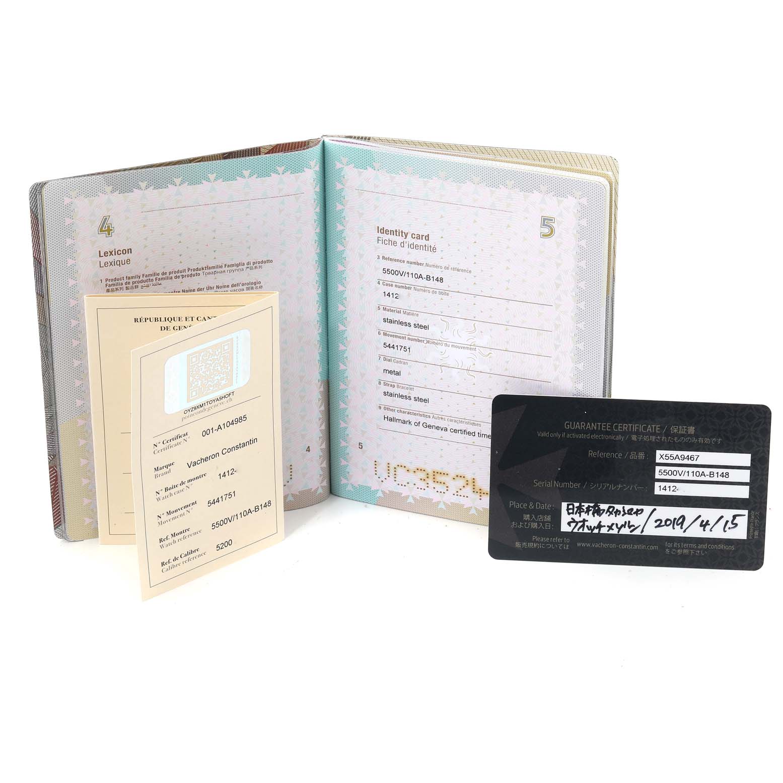 The image shows the identity card, guarantee certificate, and documentation from different angles for the Vacheron Constantin Overseas 5500V/110A-B148 Men's Stainless Steel Blue Dial 5500V/110A-B148 Men's Stainless Steel Blue Dial model watch.