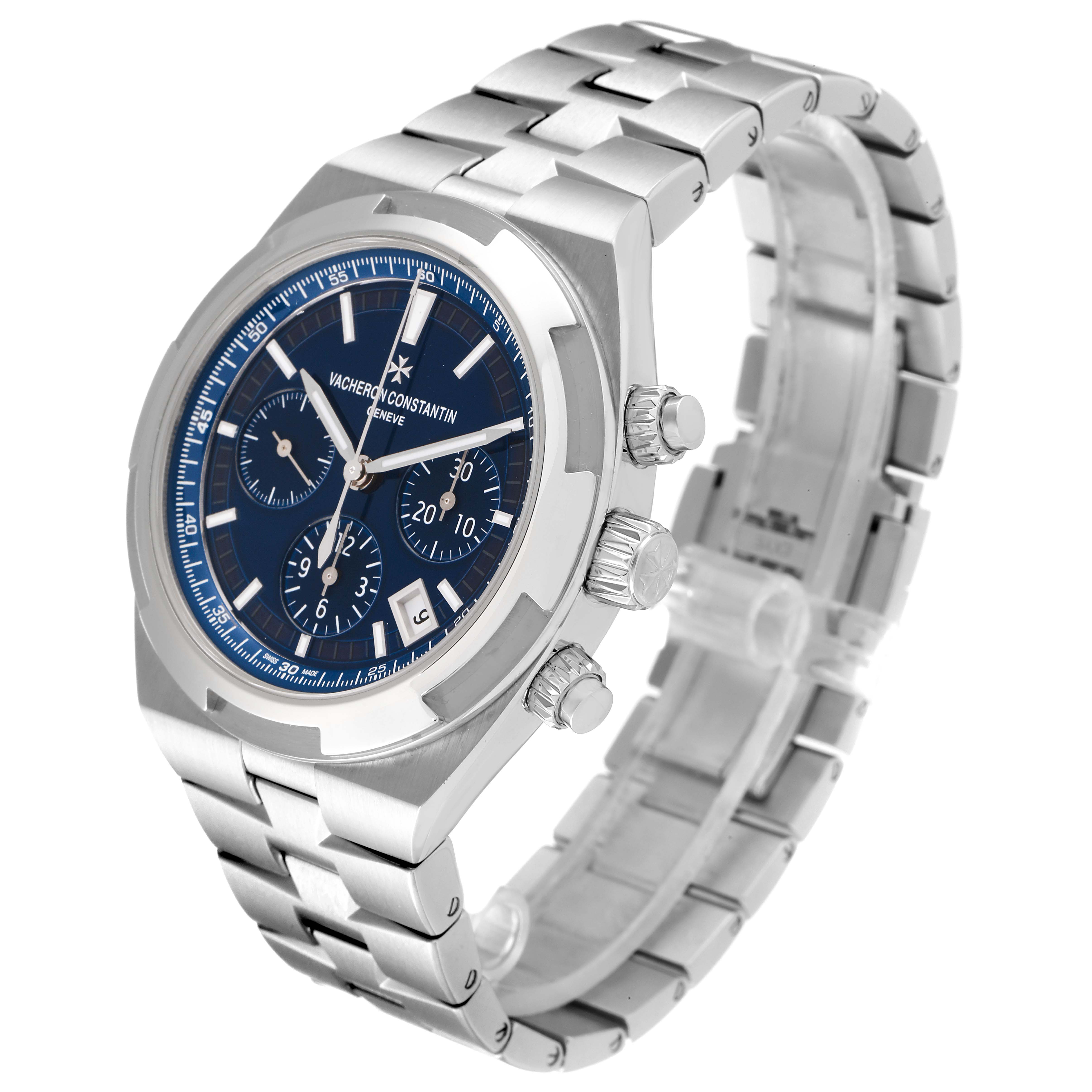 The image shows a side-angle view of a Vacheron Constantin Overseas 5500V/110A-B148 Men's Stainless Steel Blue Dial 5500V/110A-B148 Men's Stainless Steel Blue Dial model watch, displaying its face, crown, chronograph pushers, and bracelet.