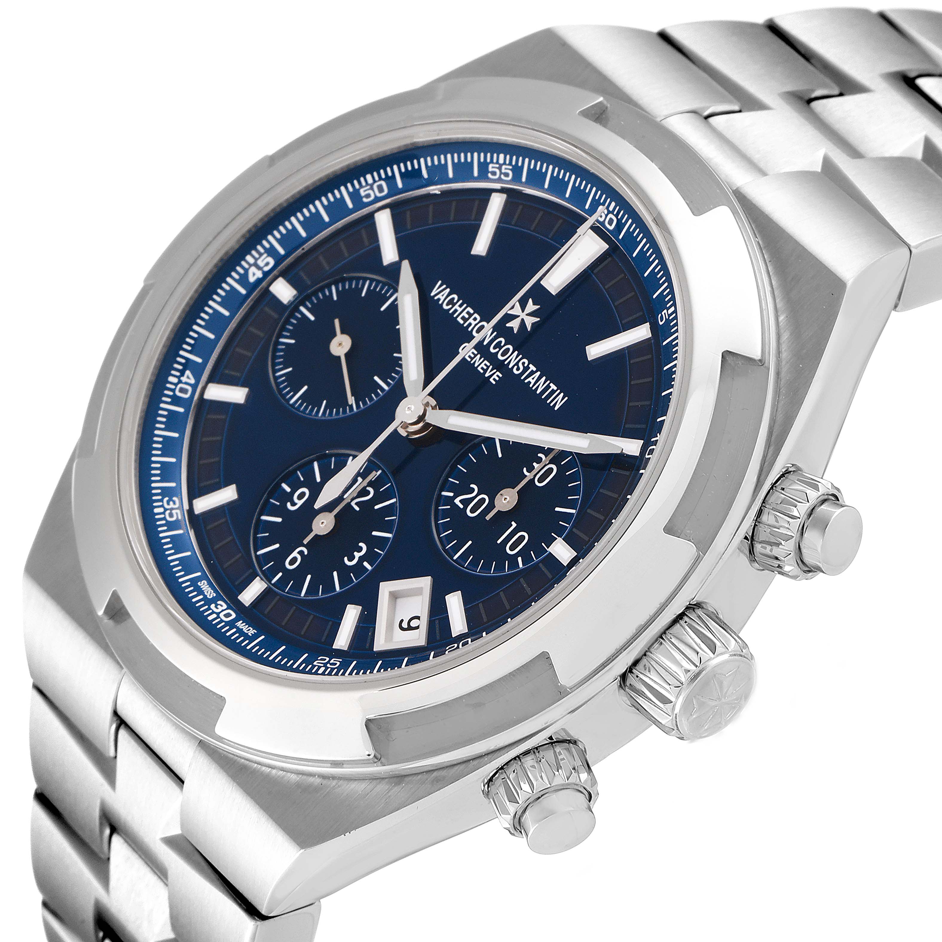 The Vacheron Constantin Overseas 5500V/110A-B148 Men's Stainless Steel Blue Dial 5500V/110A-B148 Men's Stainless Steel Blue Dial watch is shown from an angled view, highlighting the blue dial, chronograph subdials, and stainless steel bracelet.