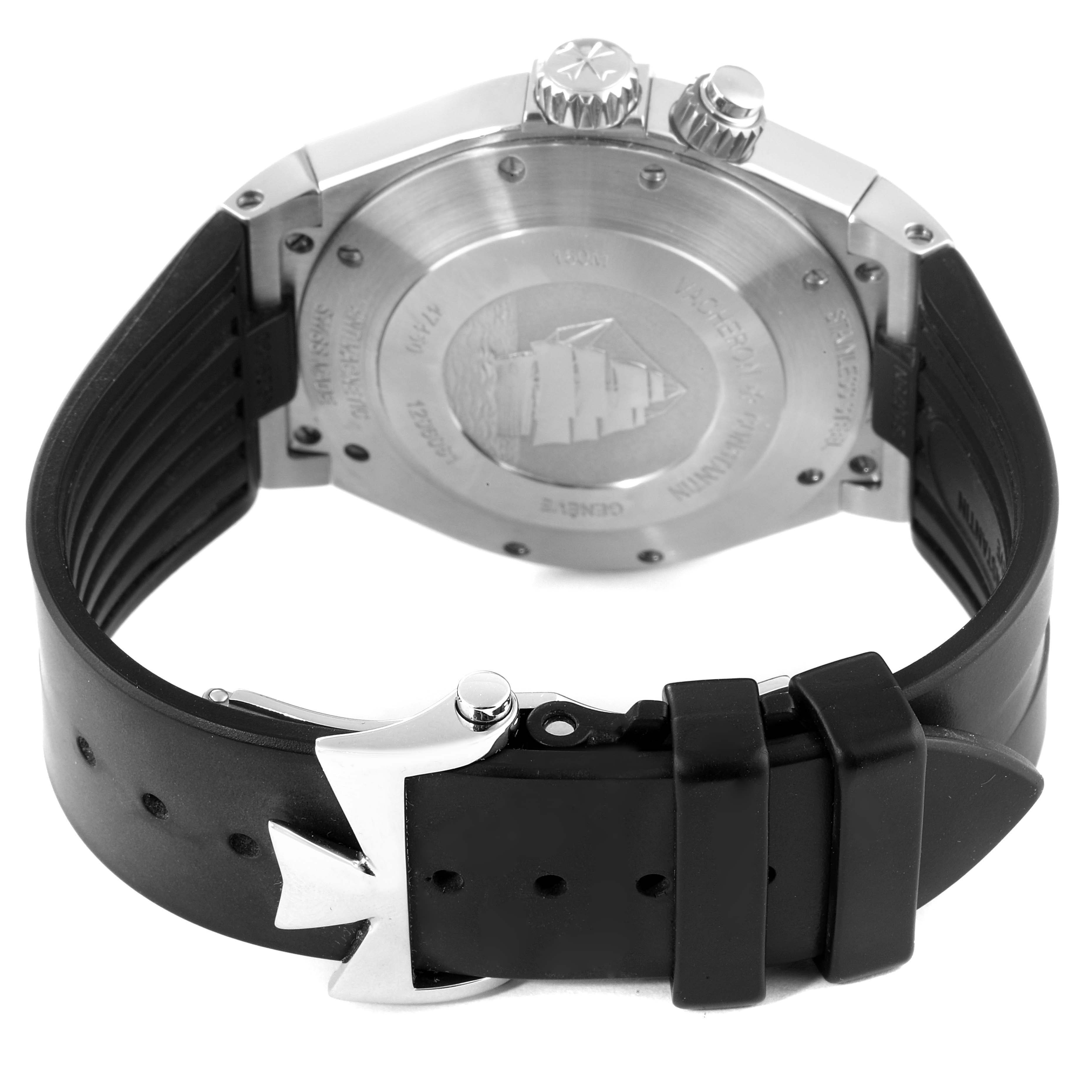 The image shows the back case, crown, and strap of the Vacheron Constantin Overseas 47450/000W-9511 Men's Stainless Steel Black Dial 47450/000W-9511 Men's Stainless Steel Black Dial watch from a rear angle.