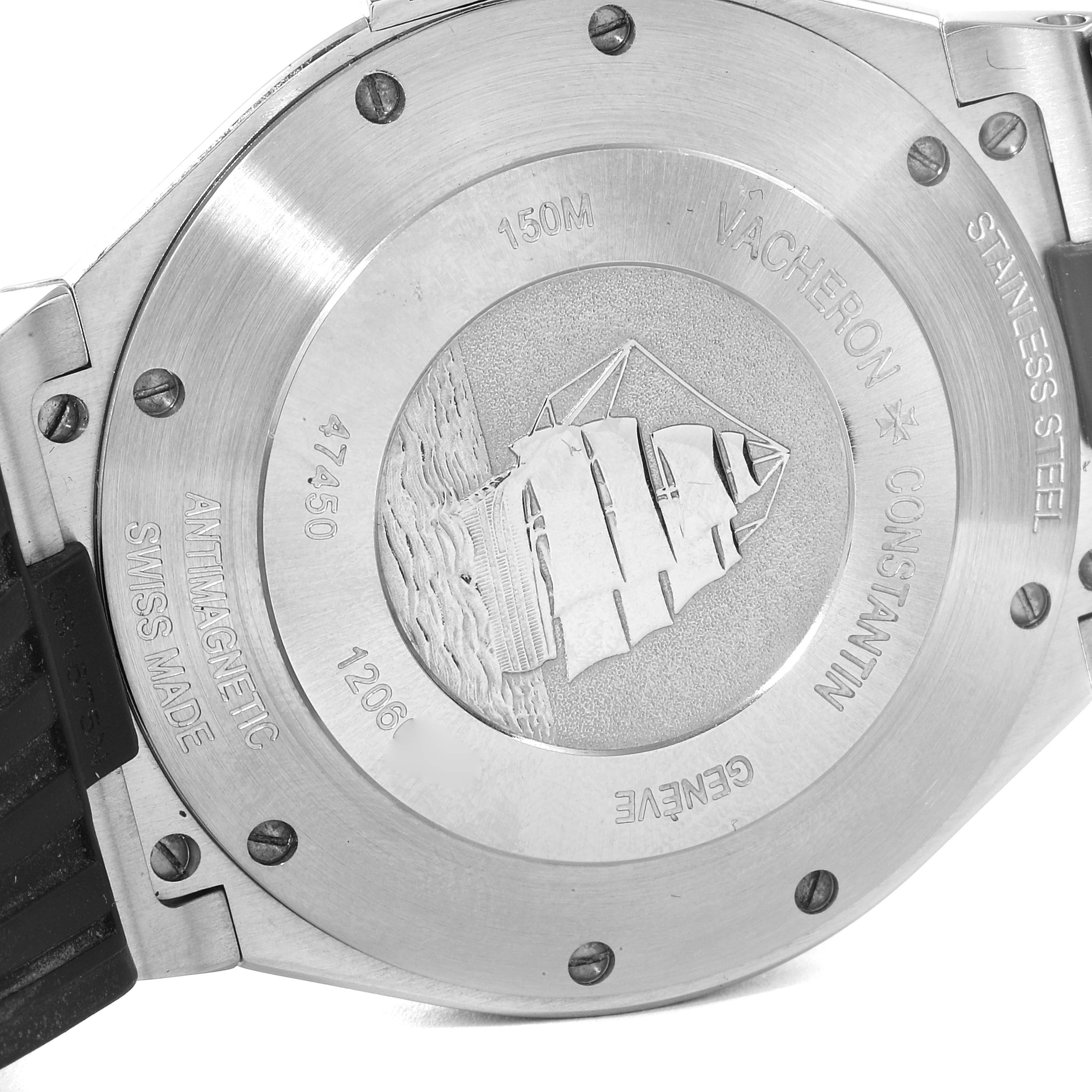 The image shows the stainless steel case back of a Vacheron Constantin Overseas 47450/000W-9511 Men's Stainless Steel Black Dial 47450/000W-9511 Men's Stainless Steel Black Dial watch, featuring an engraved ship.