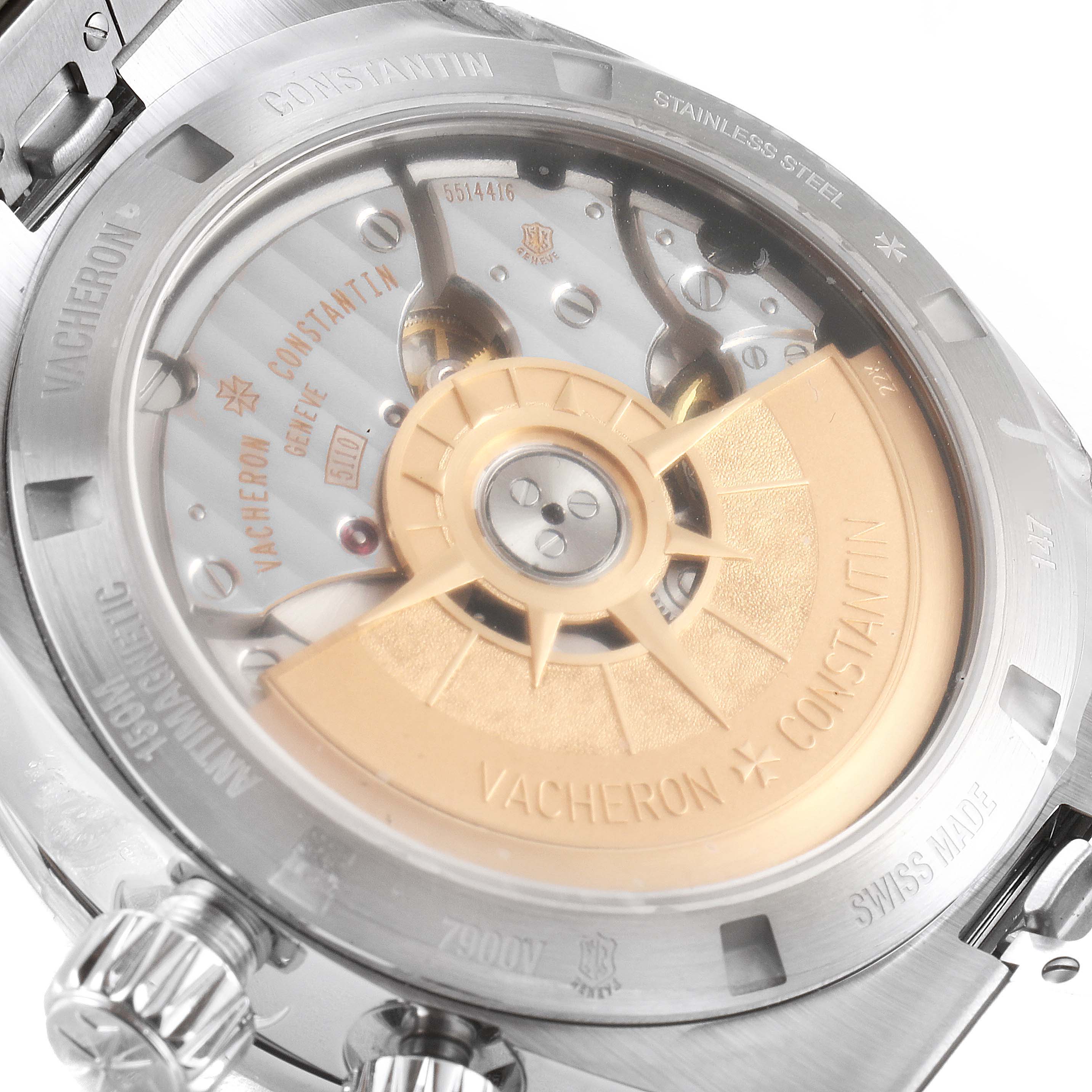 This image shows the case back of a Vacheron Constantin Overseas 7900V/110A Men
s Stainless Steel Black Dial 7900V/110A Men
s Stainless Steel Black Dial watch, highlighting its inner mechanical movement.